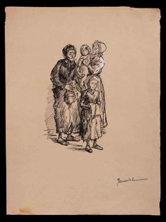 Antique Poor Family - Original Drawing By Pierre Georges Jeanniot - Early 20th century