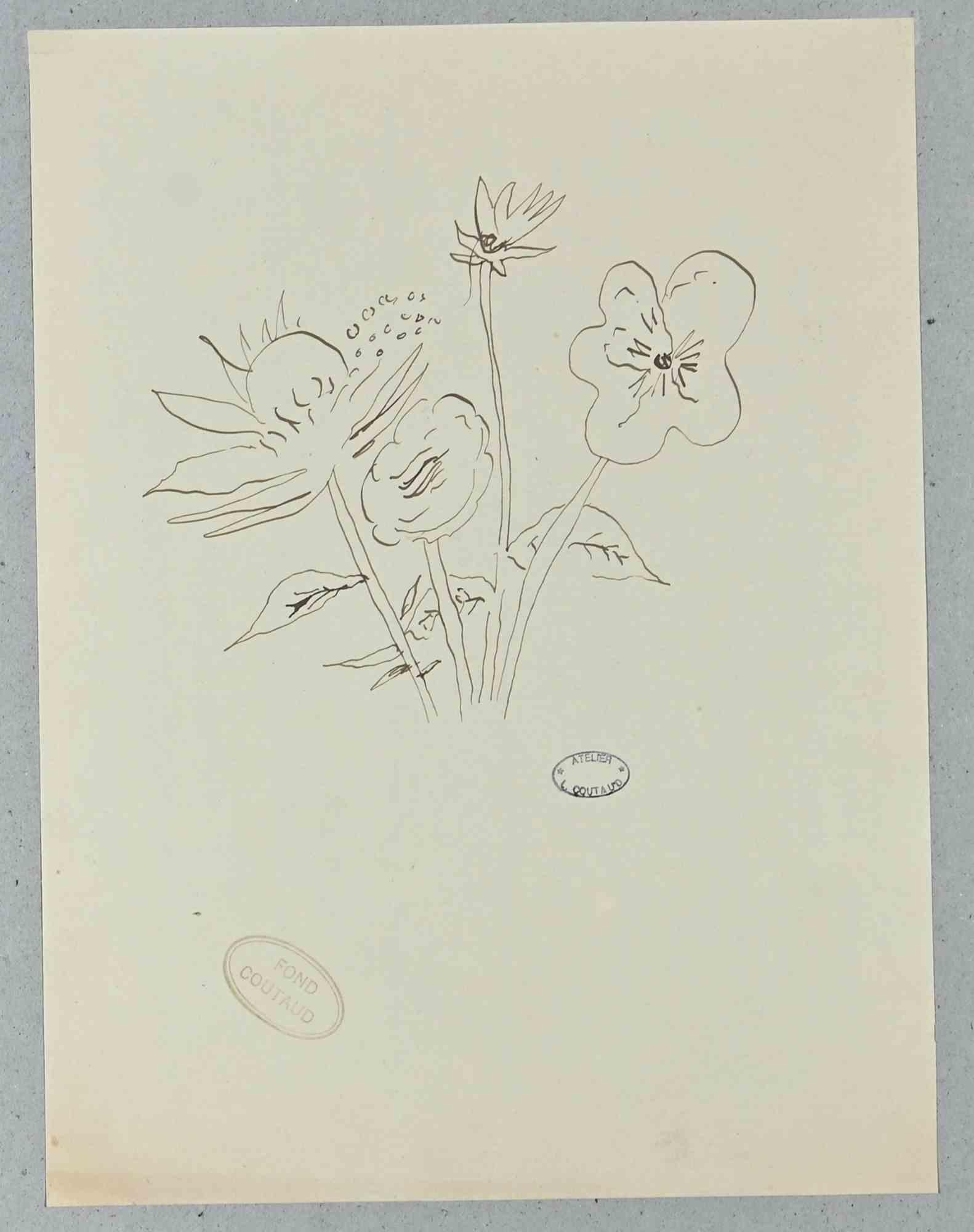 Flowers - Original Drawing by Lucien Coutaud - Mid 20th century