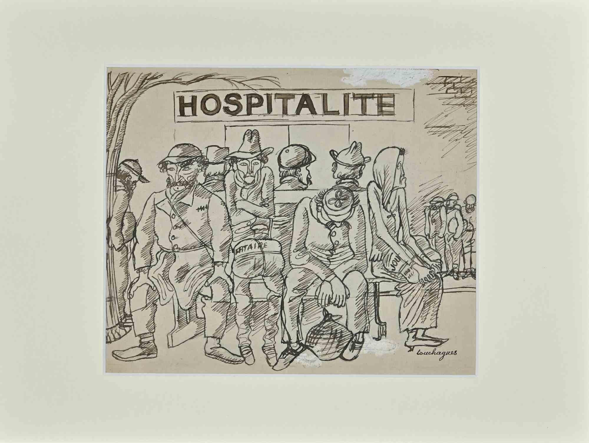 Hospitalité ist eine Original-Porzellan-Tuschezeichnung von Louis Touchagues aus der Mitte des 20. Jahrhunderts.

Auf der Unterseite vom Künstler handsigniert.

Gute Bedingungen.

Die zarten und dynamischen Striche wirken harmonisch.