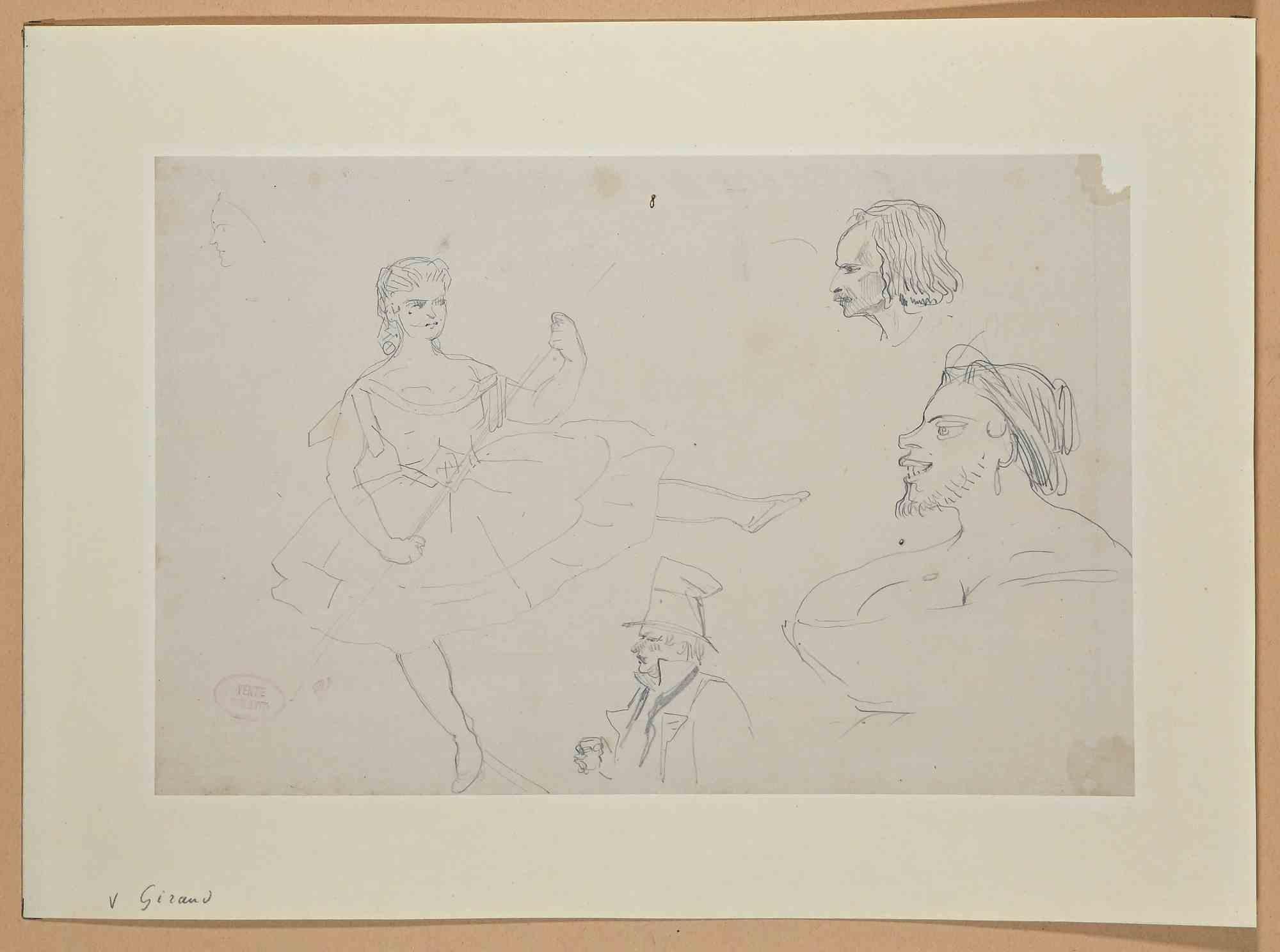 Zahlen -  Original-Bleistiftzeichnung von Eugène Giraud - Ende des 19. Jahrhunderts