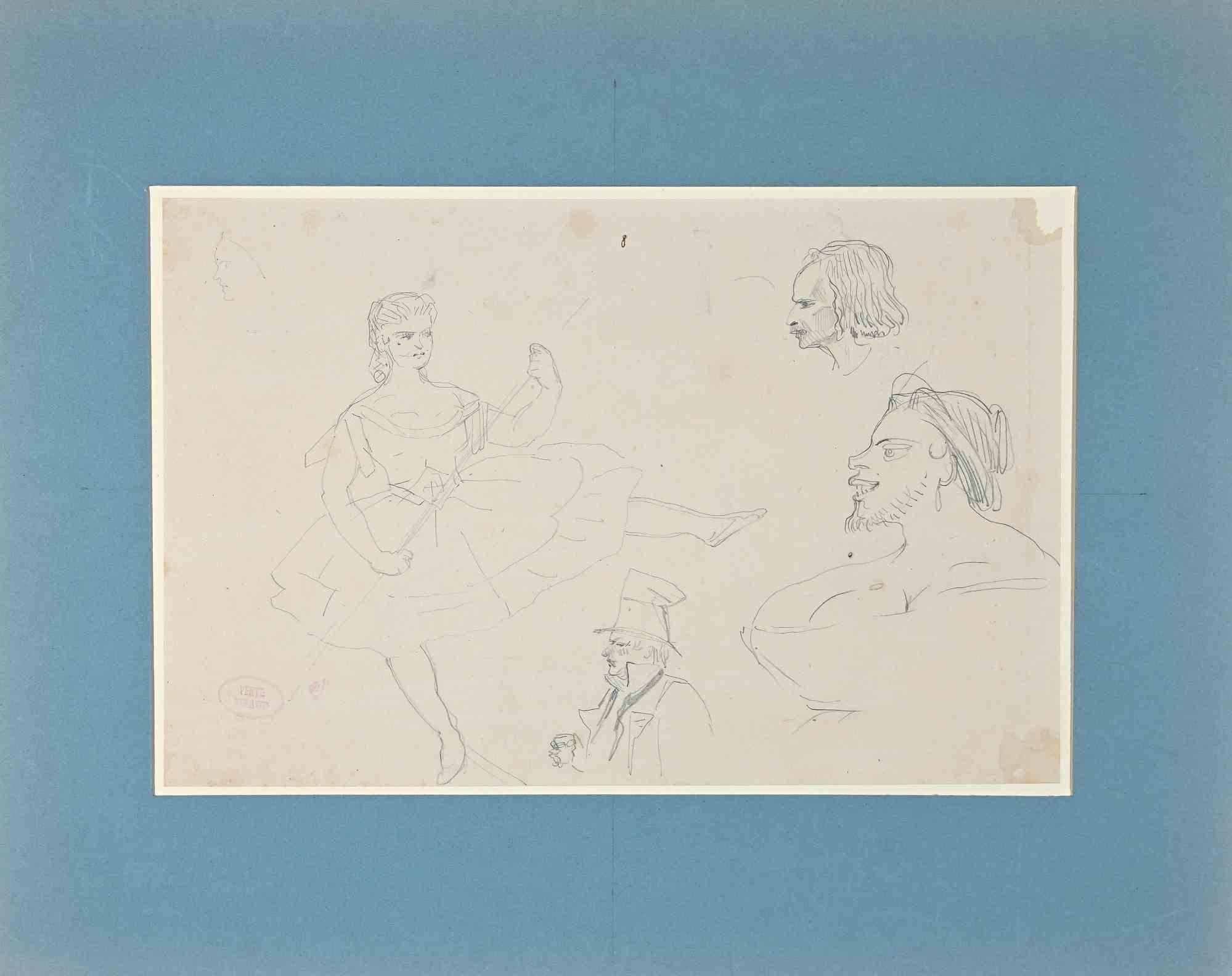 Cifras -  Dibujo original a lápiz de Eugène Giraud - Finales del siglo XIX en venta 1