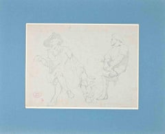 Señores -  Dibujo original a lápiz de Eugène Giraud - Finales del siglo XIX