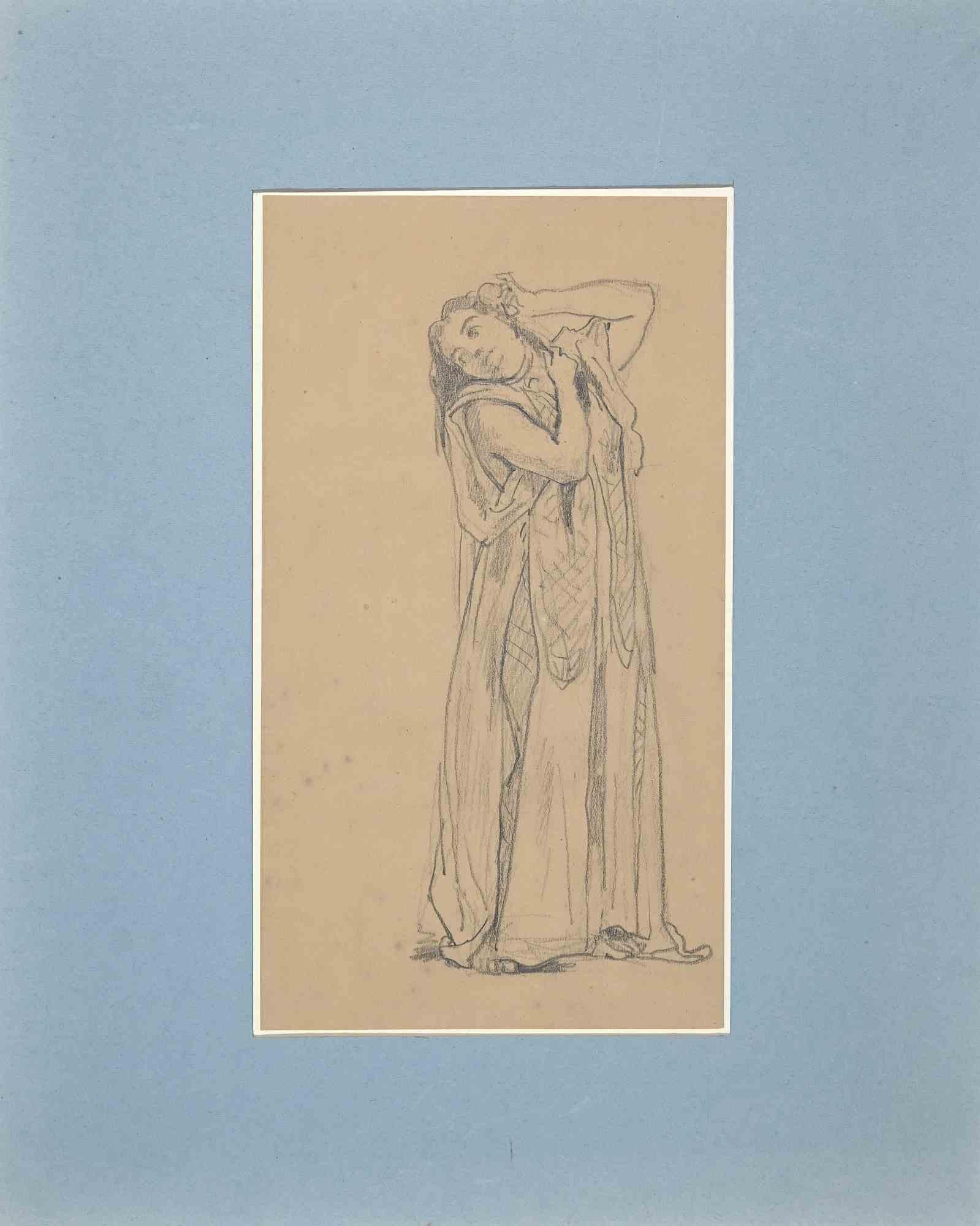 Jeune femme -  Dessin original au crayon d'Eugène Giraud - Fin du 19e siècle en vente 1