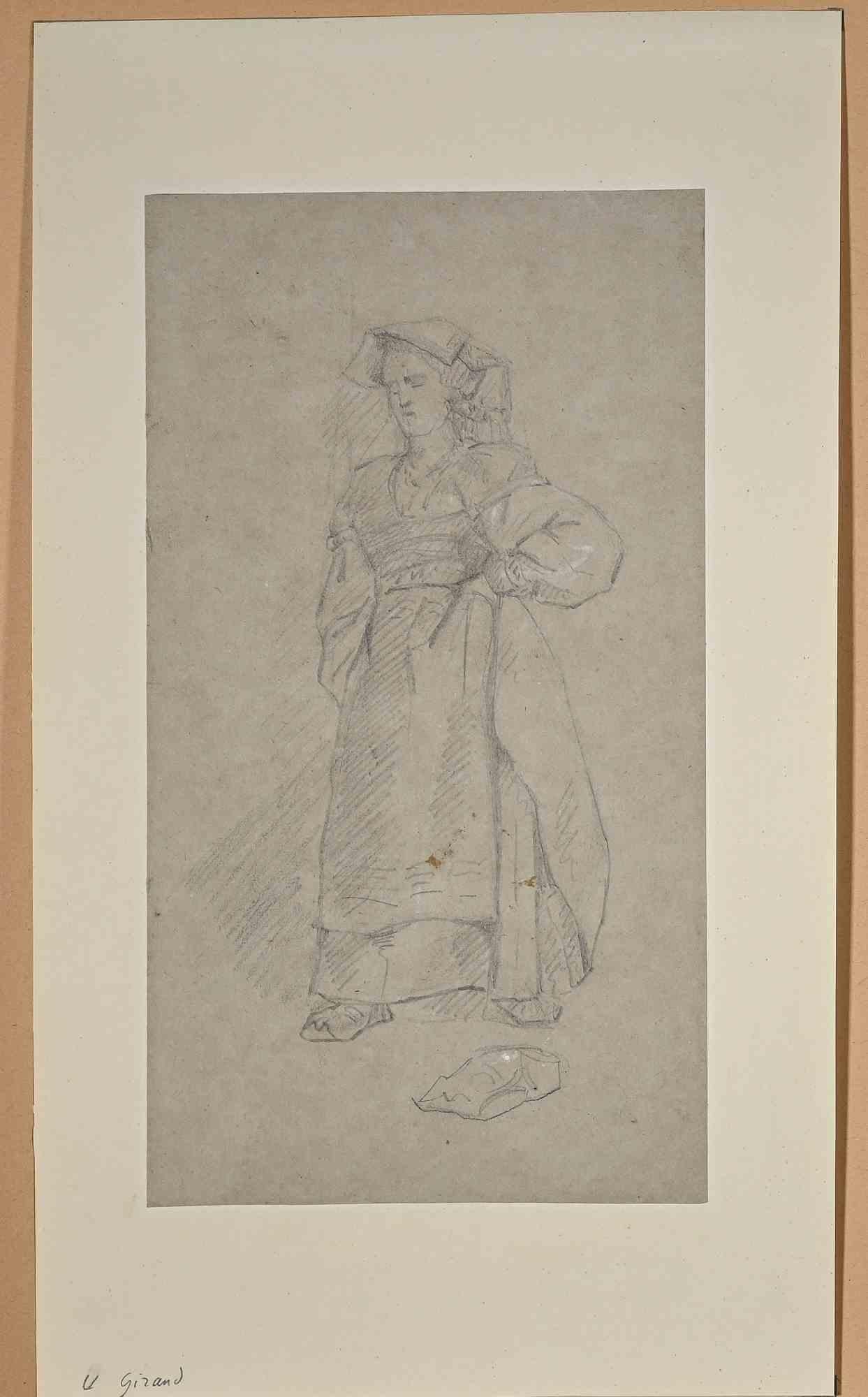 The Maidservant -  Original Drawing in Pencil by E. Giraud - Late 19th Century - Art by Eugène Giraud