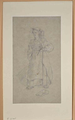 La criada - Dibujo original a lápiz de E. Giraud - Finales del siglo XIX