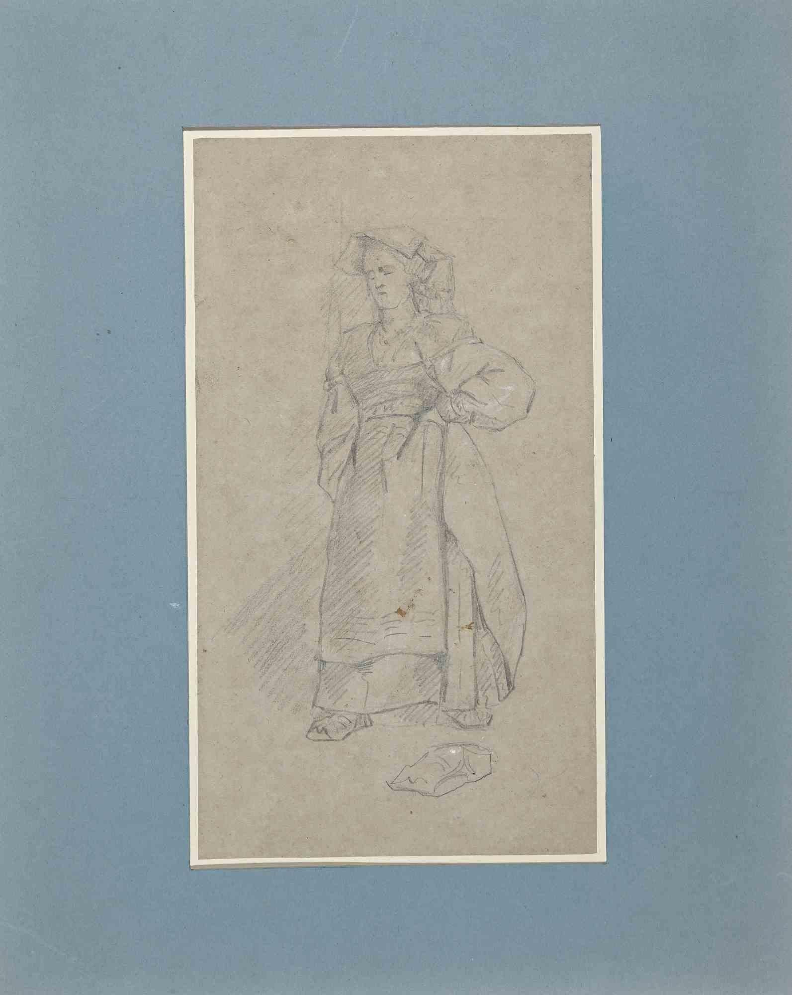Eugène Giraud Portrait - The Maidservant -  Original Drawing in Pencil by E. Giraud - Late 19th Century