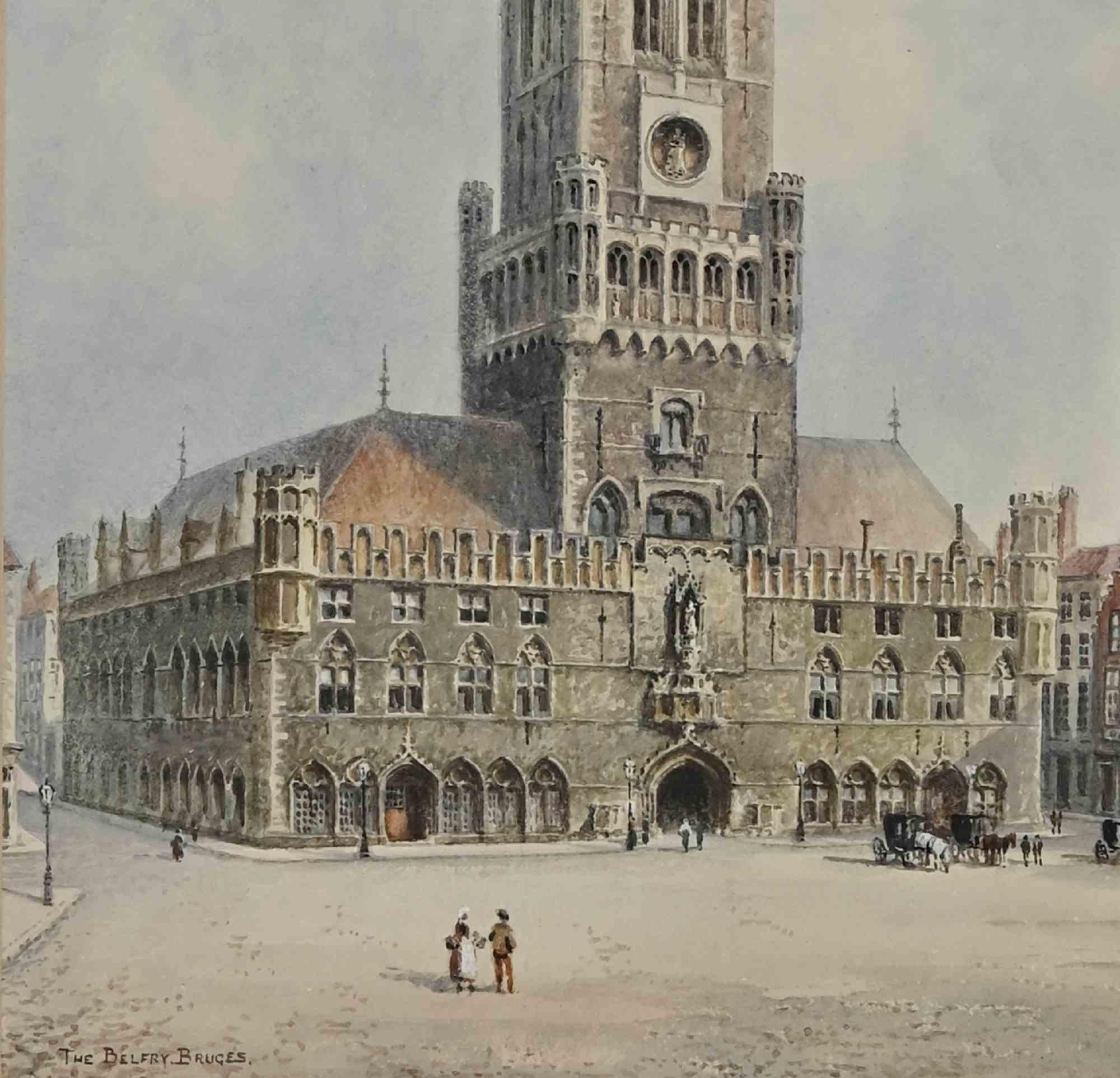 View of Belfry Bruges - Watercolor by Albert Henry Findley - Early 20th Century For Sale 1