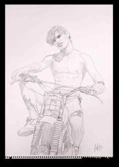 The Boy on the Motorbike - Original Drawing by Anthony Roaland - 1982