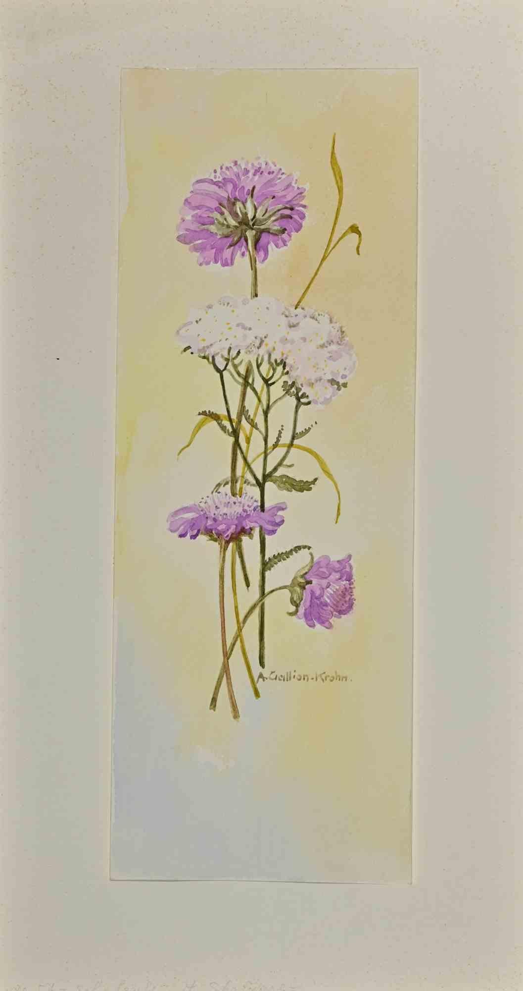 Blumen ist ein Original-Aquarell von Anne Gallion-Krohn aus der Mitte des 20. Jahrhunderts.

Das Kunstwerk ist in gutem Zustand und enthält ein cremefarbenes Passepartout aus Karton (39,5x21,3 cm).

Handsigniert vom Künstler in der rechten unteren