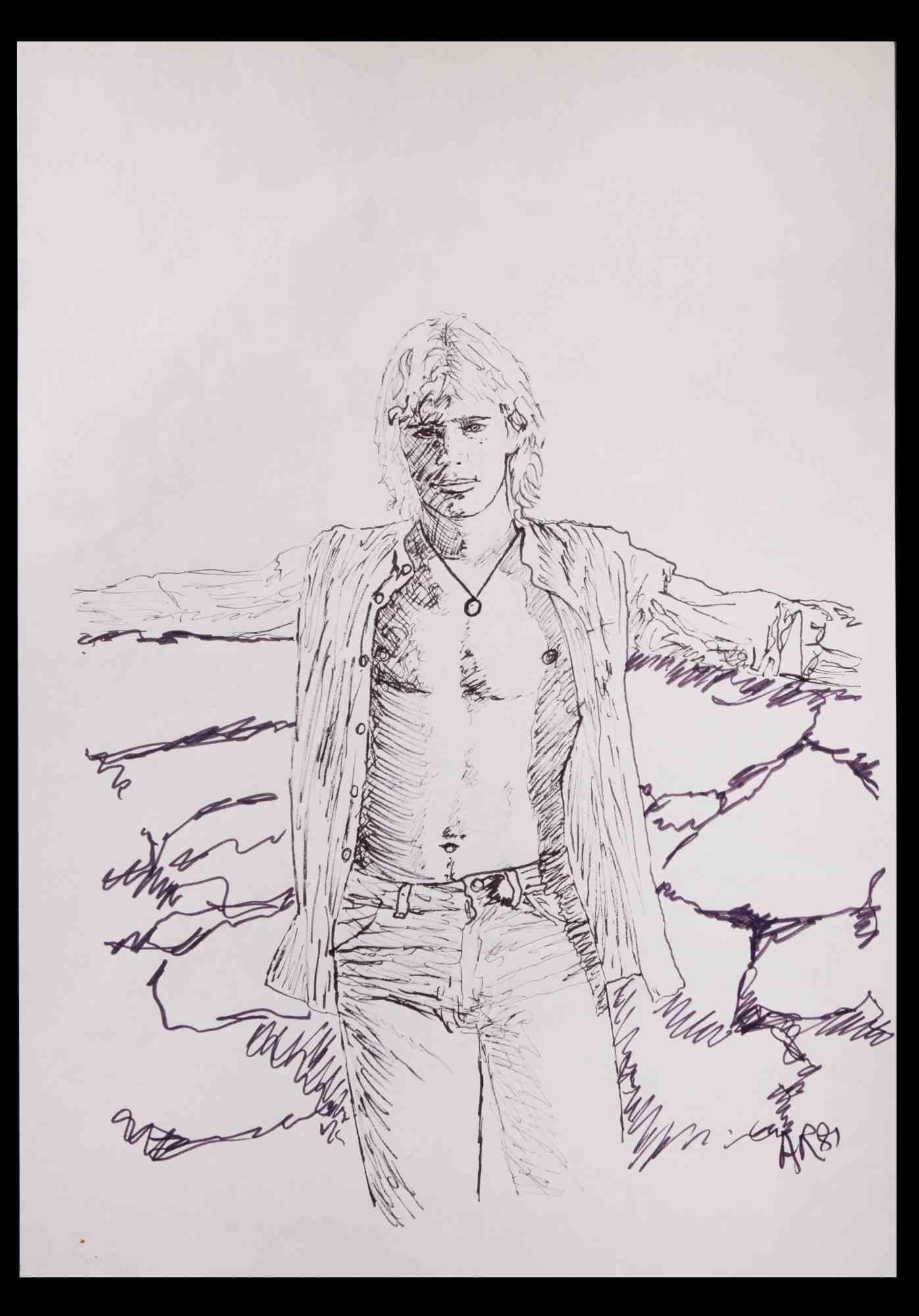 Porträt eines Jungen - Originalzeichnung von Anthony Roaland - 1980
