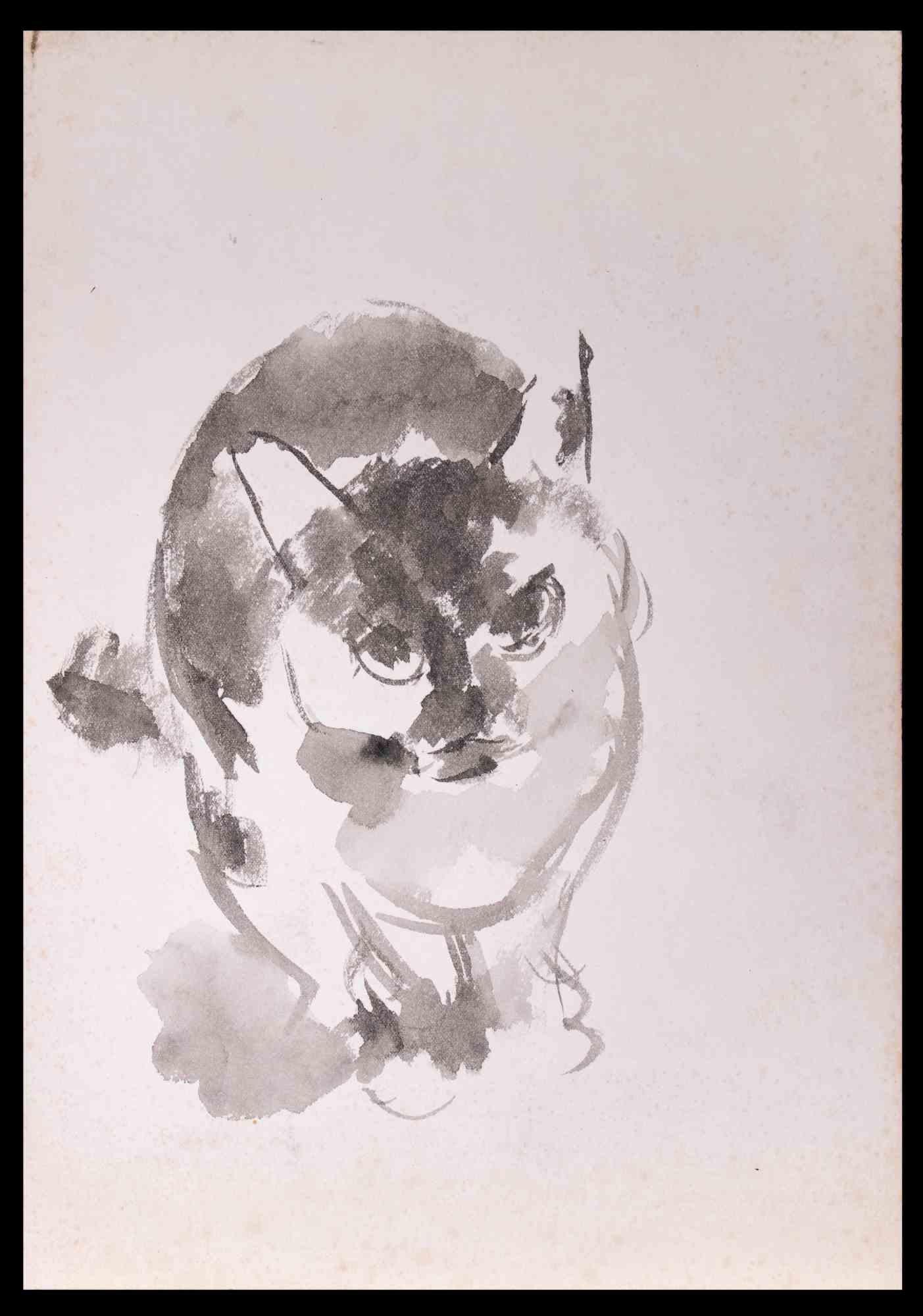 Joli chat - Aquarelle originale de Giselle Halff - Années 1960