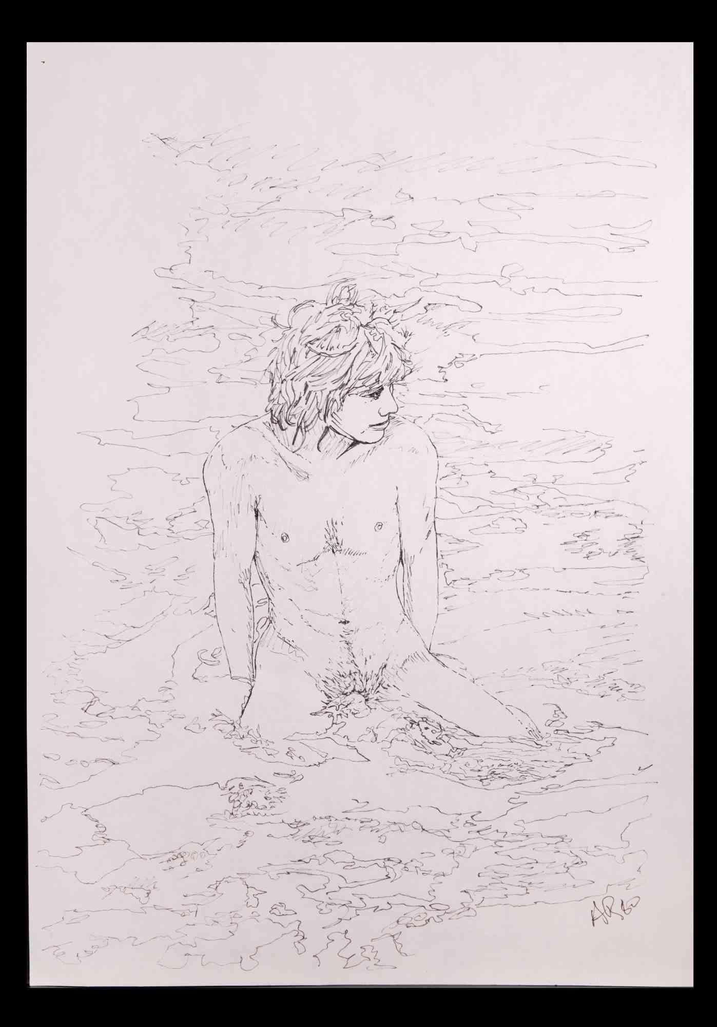 Le garçon au bord de la mer - dessin original d'Anthony Roaland - 1980