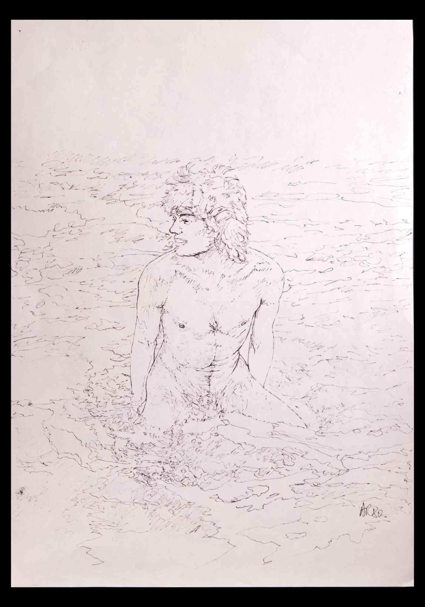  The boy at the sea   is an original drawing on pencil realized by Anthony Roaland in 1980. Hand-signed and dated by the artist on the lower right margin. 

In the foreground the boy is depicted with a happy and spontaneous look

Good conditions.