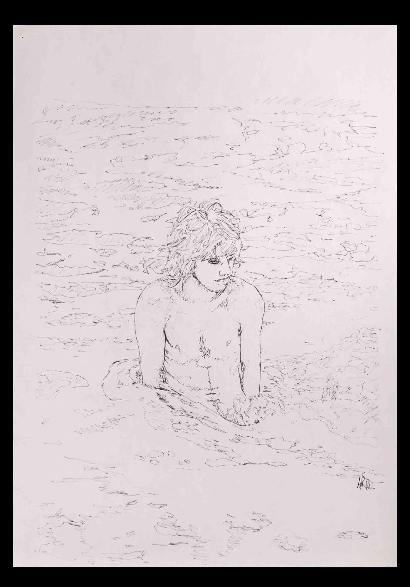 The Boy at the Sea - Original Drawing by Anthony Roaland - 1980