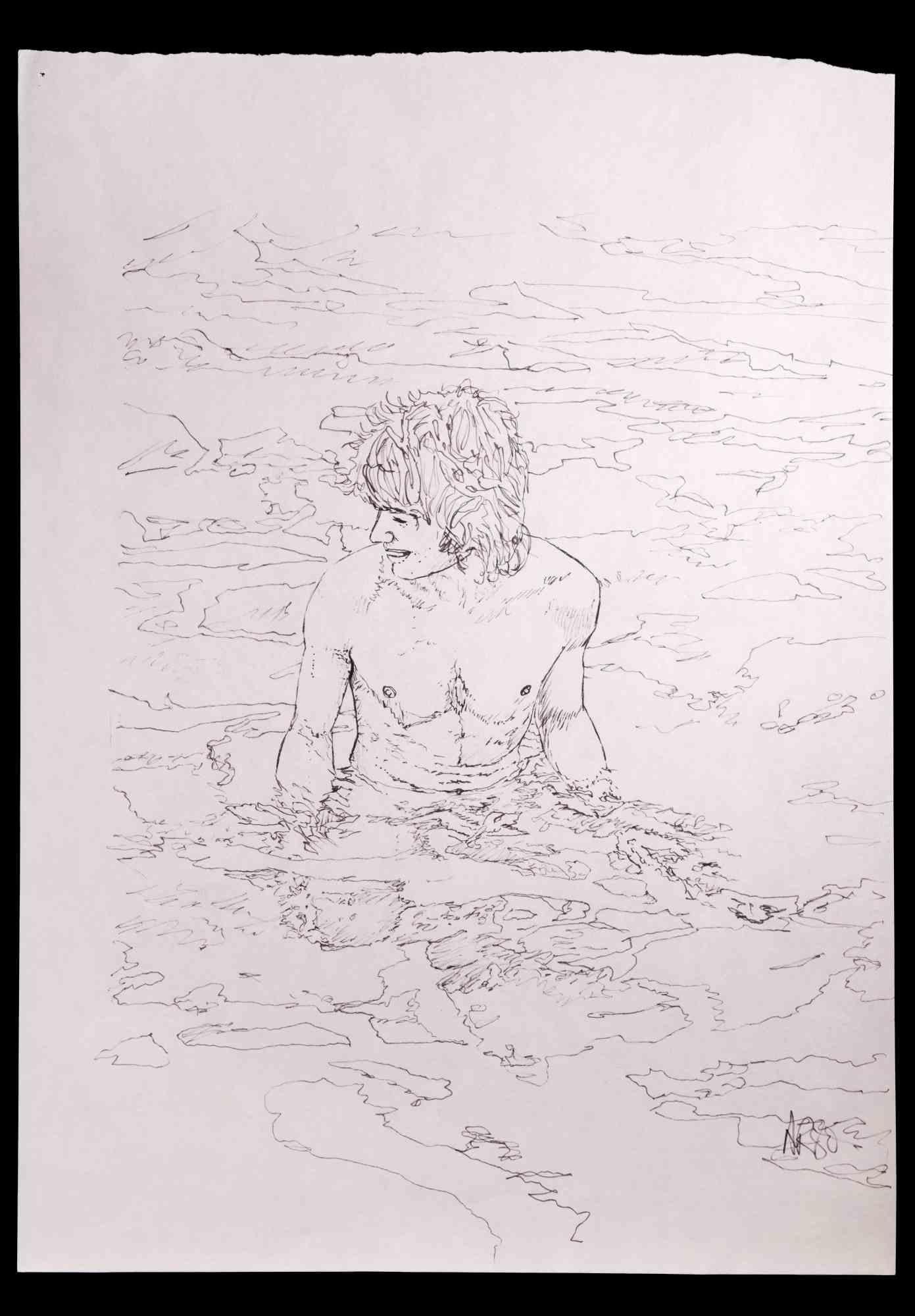 The Boy at the Sea - Drawing by Anthony Roaland - 1980