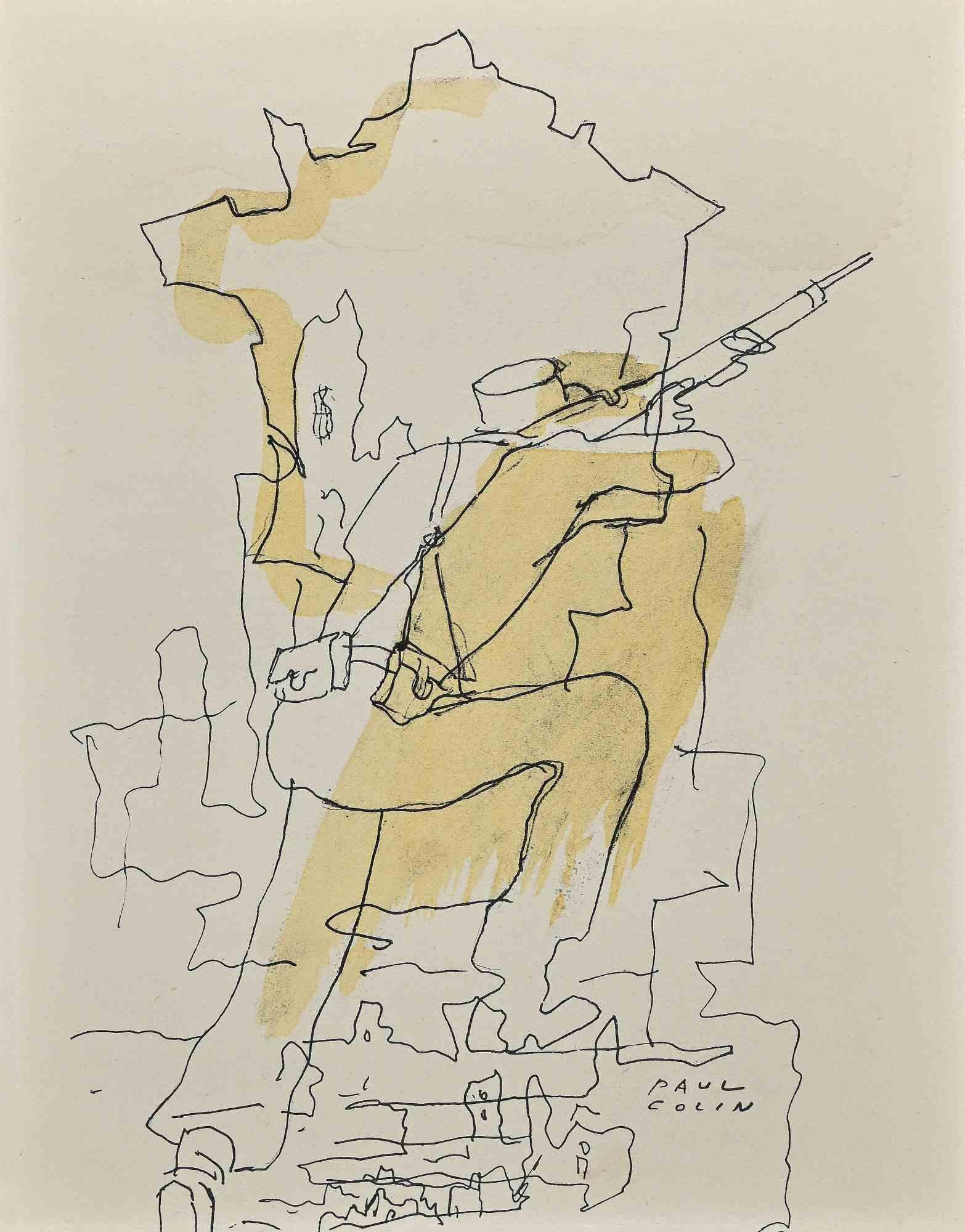 The Soldier - Drawing in Ink and Watercolor by Paul Colin - mid 20th Century