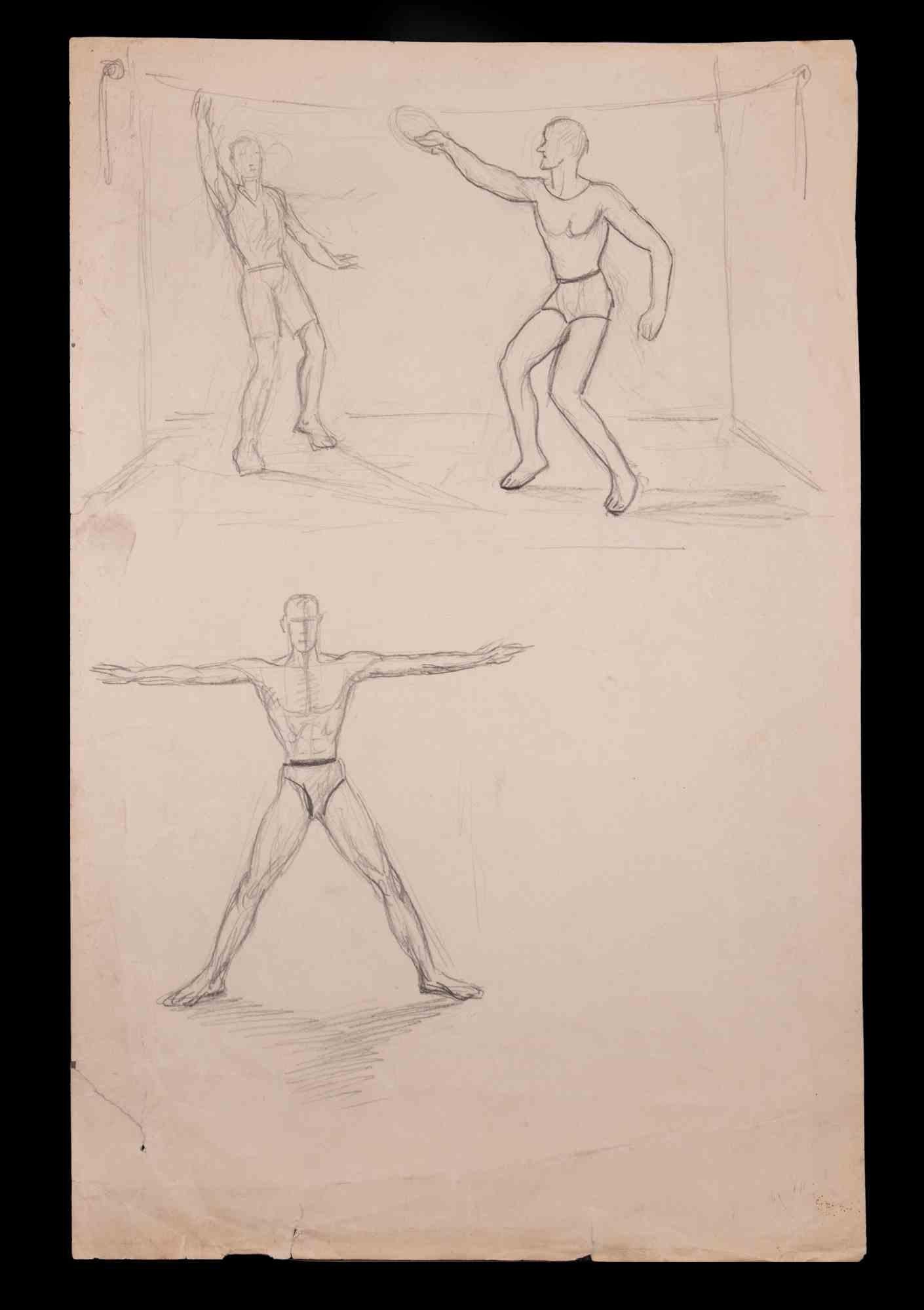 Exercises - dessin au crayon par Norbert Meyre - début du XXe siècle