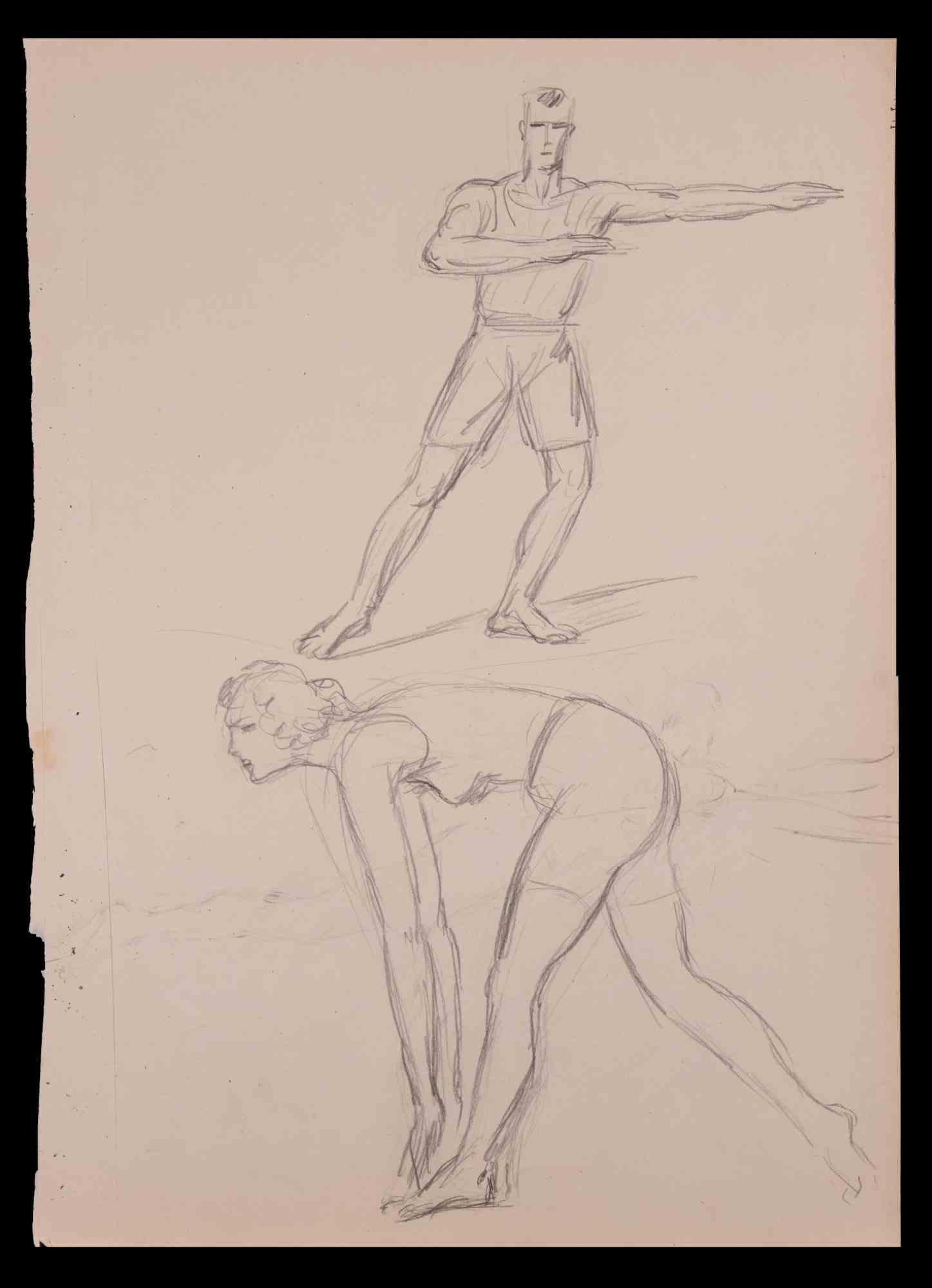 Warm-up  is an original drawing in pencil, on creamy-colored paper realized by Norbert Meyre in the early 20th Century.

Good conditions except for foxings.

The artwork is depicted through deft strokes by mastery.