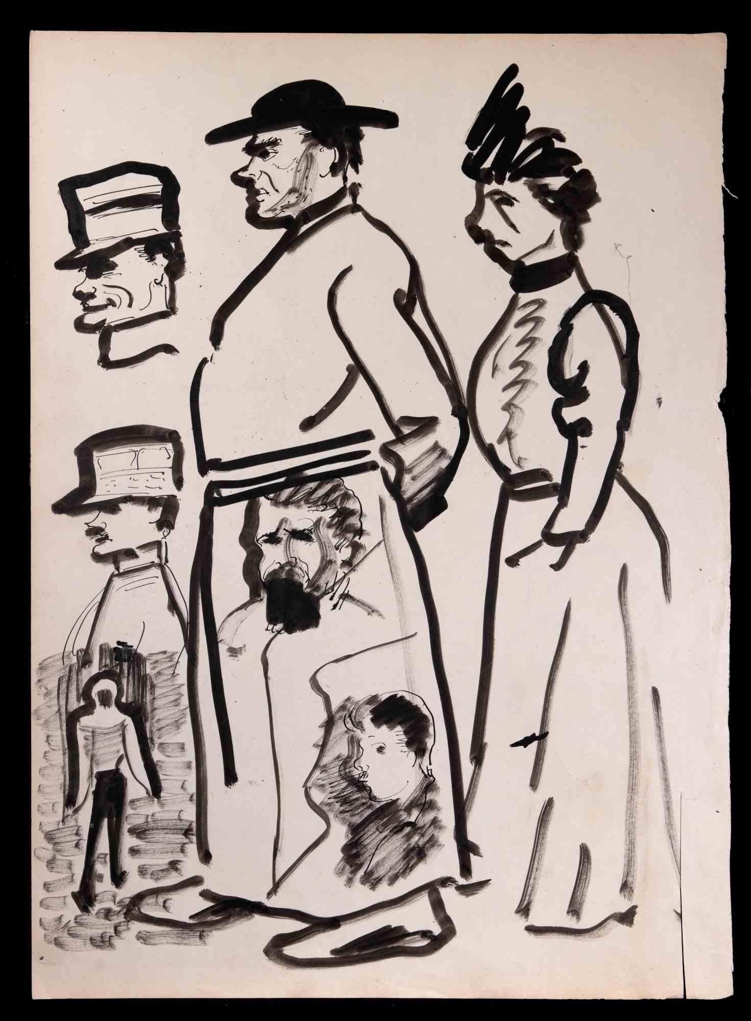 Unknown Figurative Art - Characters - Drawing in Black Marker - Early 20th Century