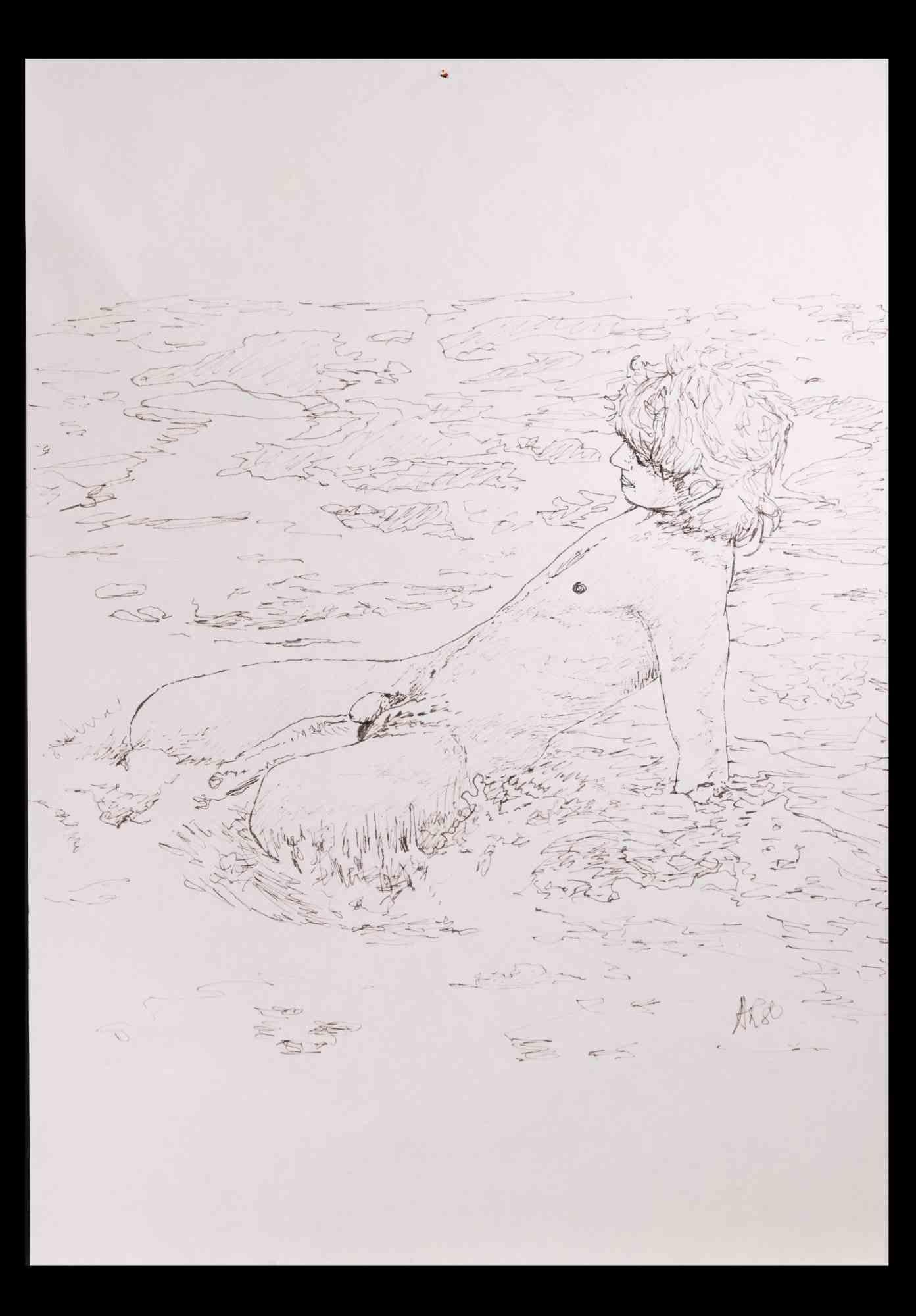  The boy at the sea is an original drawing pen  realized by Anthony Roaland in 1980. Hand-signed and dated by the artist on the lower right margin. 

The artwork represents a fresh and beautiful nude male figure.

Good conditions.