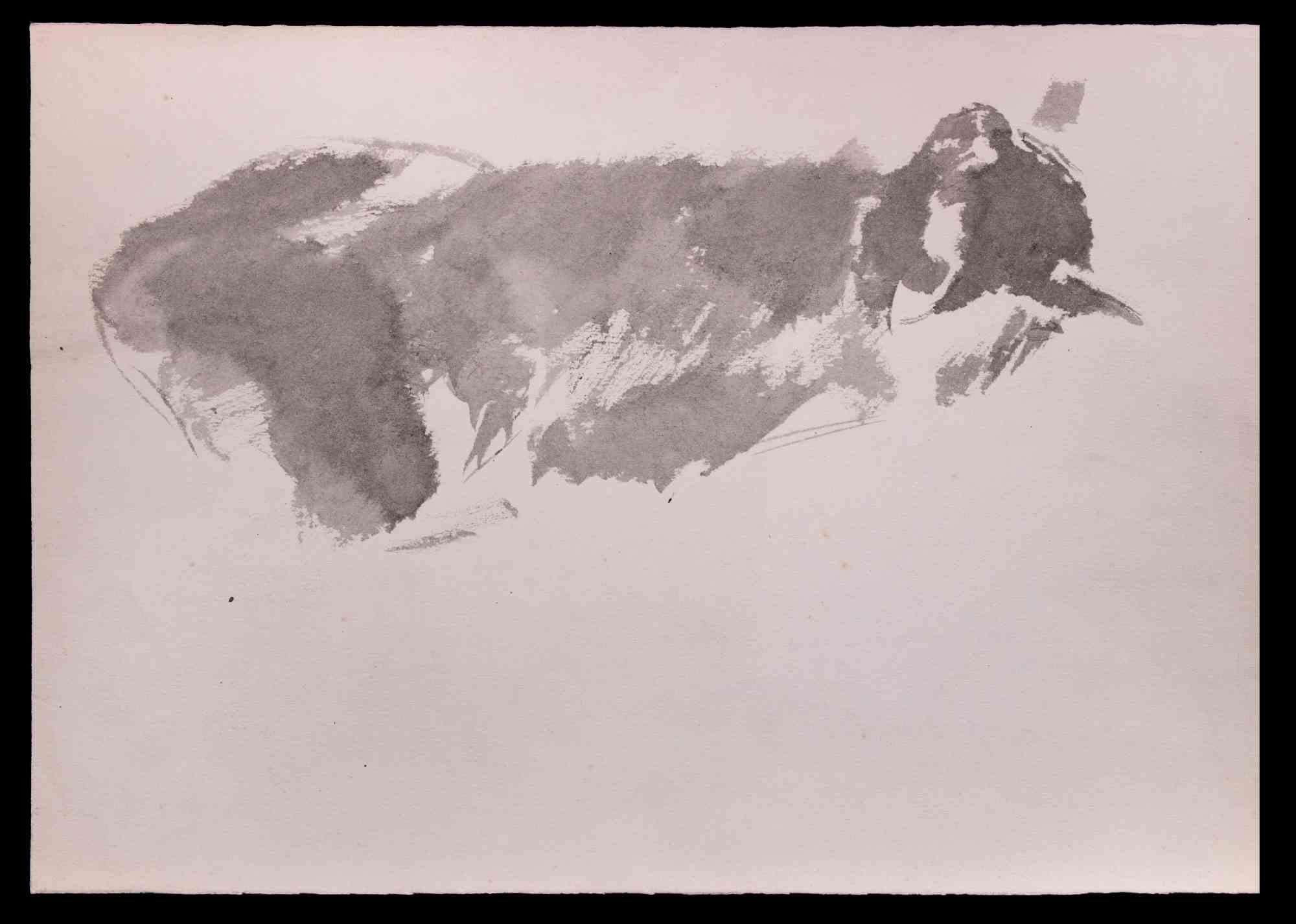 Katze -  Original Aquarell von Giselle Halff – Mitte des 20. Jahrhunderts