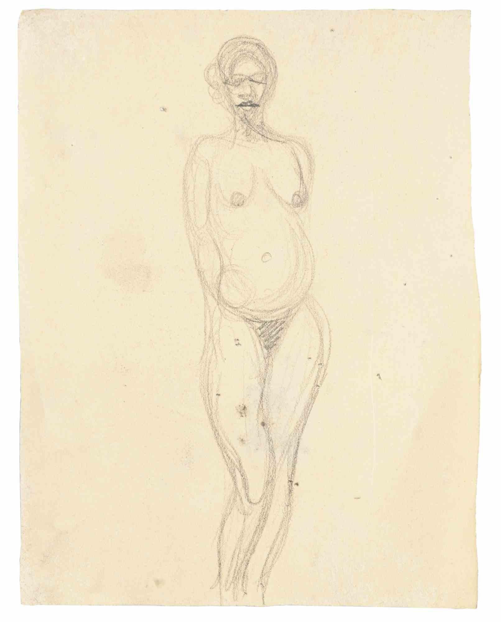 Unknown Figurative Art - Nude - Original Pencil Drawing - Mid-20th century