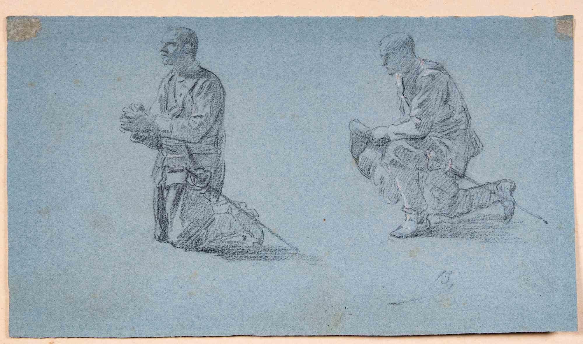 Men - Original Drawing by Alexandre Bida - Mid 19th Century