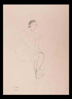 Femme assise - dessin original de Louis Jou - début du XXe siècle
