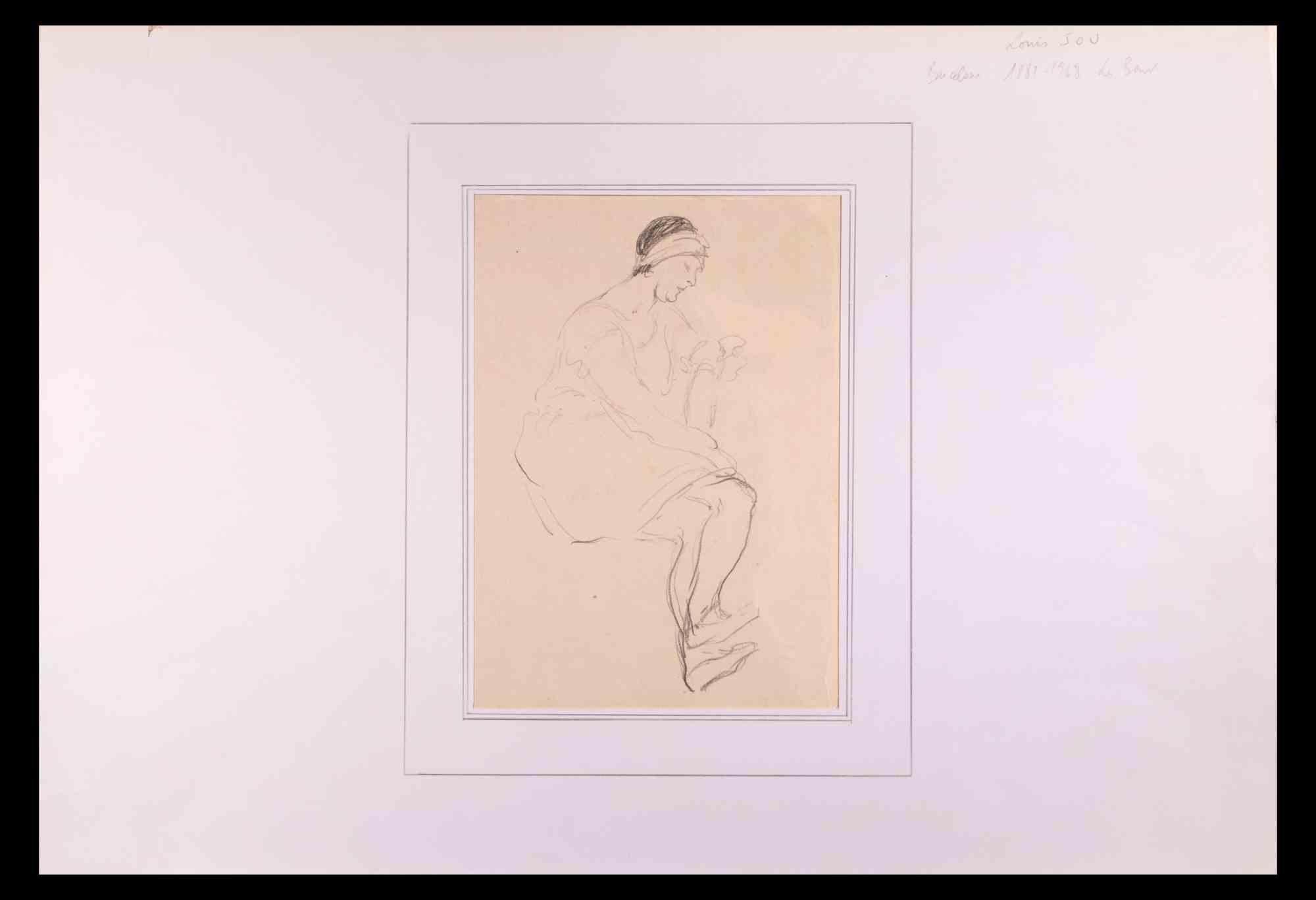 Seated Woman - Original Drawing by Louis Jou - Early 20th Century For Sale 1