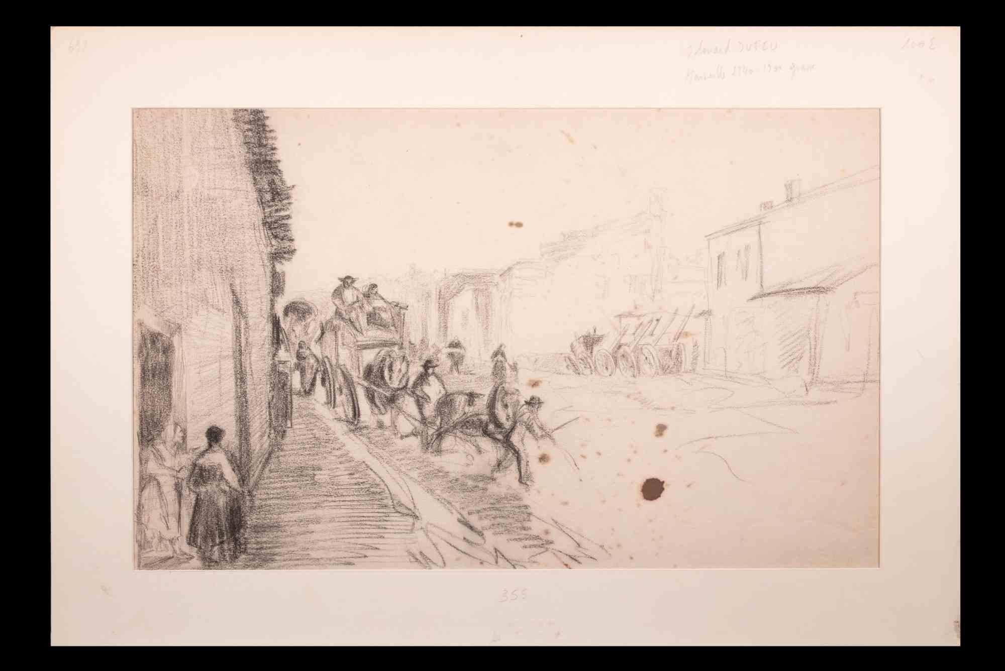 Carriage - Original Drawing By Edouard Dufeu - Late 19th Century For Sale 1