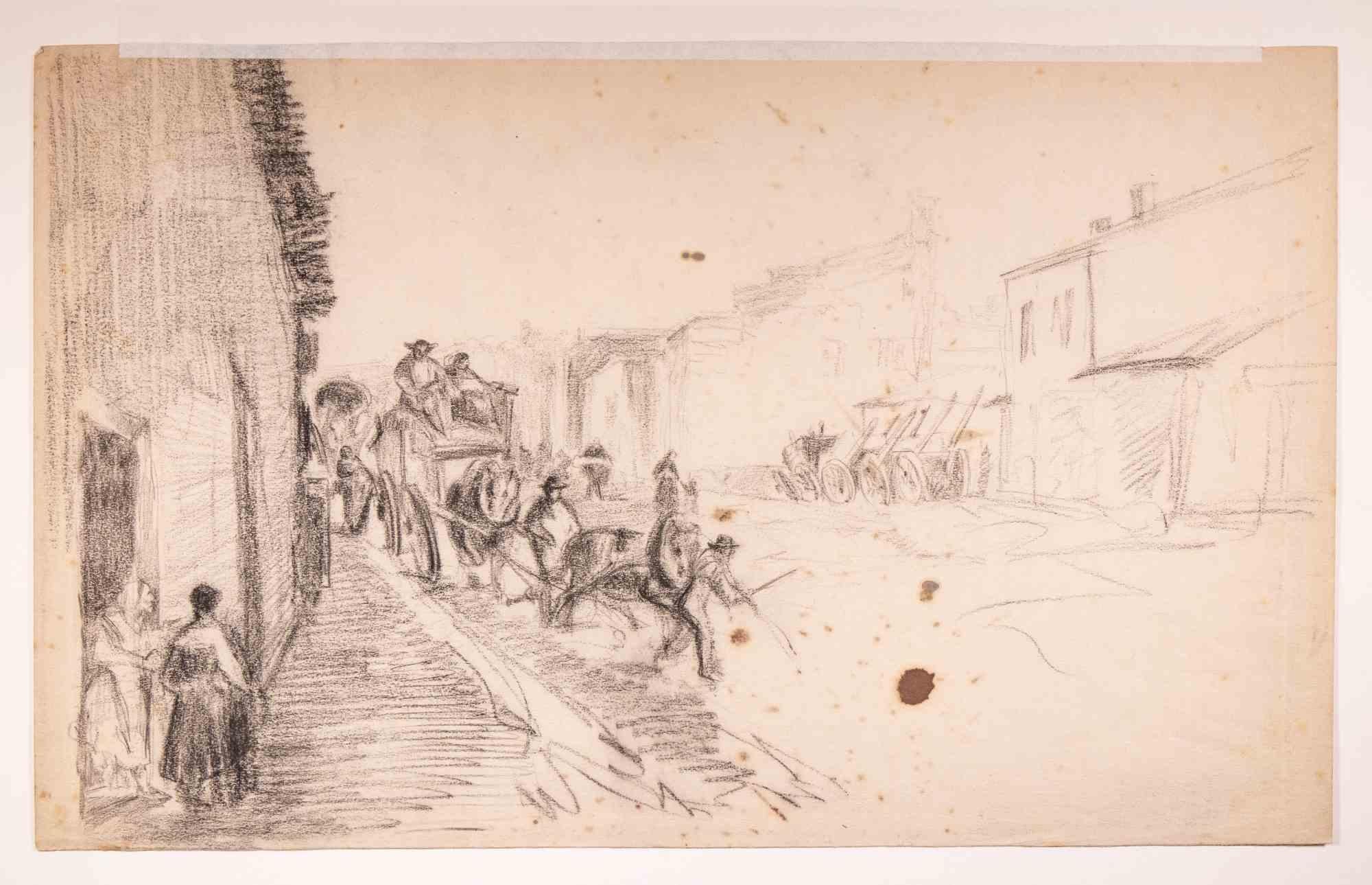 Carriage - Original Drawing By Edouard Dufeu - Late 19th Century