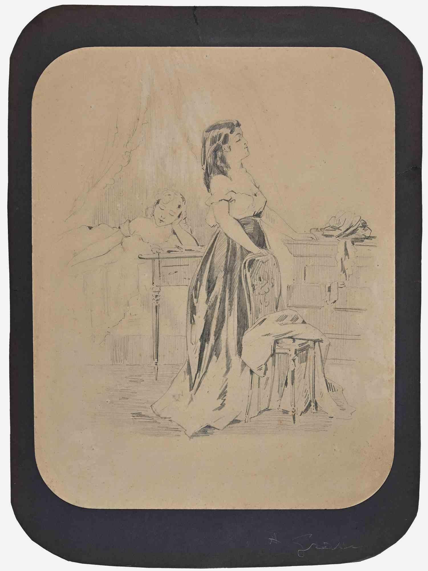 Little Women ist eine Original-Bleistiftzeichnung von Alfred Grévin aus dem späten 19. Jahrhundert.

Guter Zustand auf vergilbtem Papier, mit einem braunen Passepartout aus Karton (34,5x25 cm).

Keine Unterschrift.
