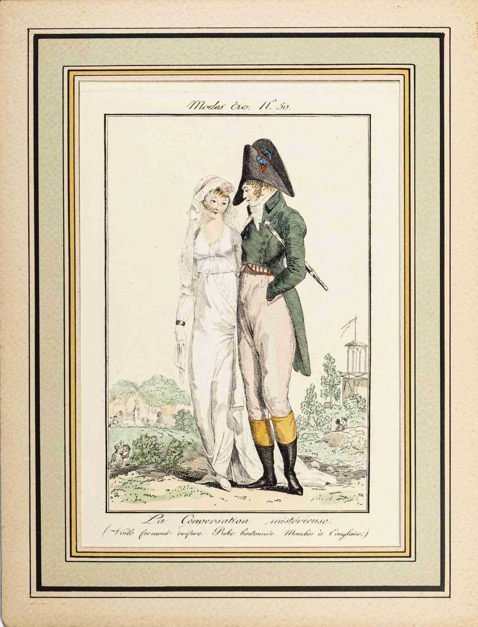 La Converation Mistérieuse is an Original Etching Hand Watercolored series "Modes Ac." published in 1797 by the Journald des Dames et des Modes".

Mode et Manières - Model n.  is 50 an original watercolored print realized in 1797. 

The artwork is
