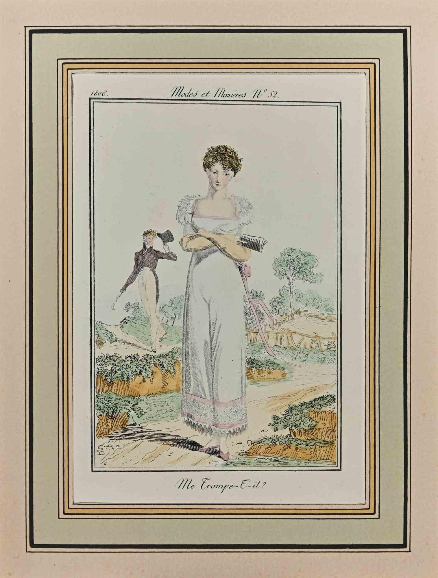 Me Trompe-T-Il? is an Original Etching Hand Watercolored series "CMode et Manières" published in 1808 by the Journald des Dames et des Modes".

Mode et Manières - Model n.  is 52 an original watercolored print realized in 1808. 

The artwork is the