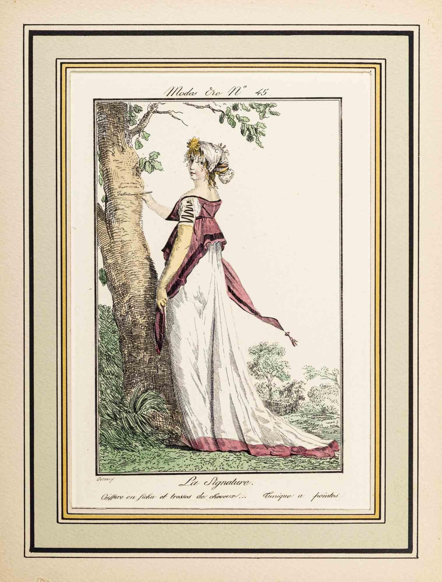 La Signature is an Original Etching Hand Watercolored series "Costumes Parisiens" published in 1797 by the Journald des Dames et des Modes".

Costume Parisien - Model n.  is 45 an original watercolored print realized in 1797. 

The artwork is the