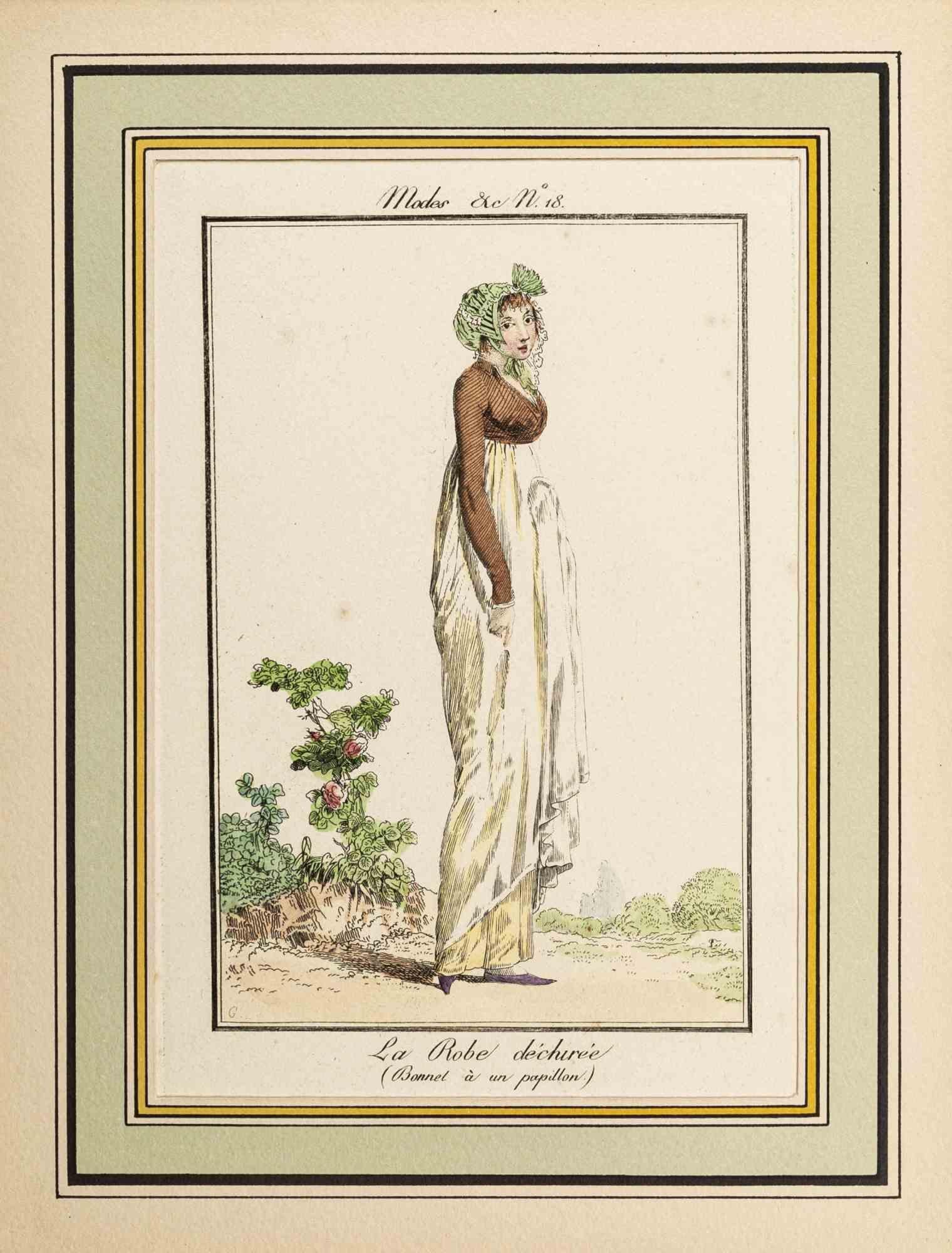 La Robe Dechirée is an Original Etching Hand Watercolored series "Costumes Parisiens" published in 1797 by the Journald des Dames et des Modes".

Costume Parisien - Model n.  is 18 an original watercolored print realized in 1797. 

The artwork is