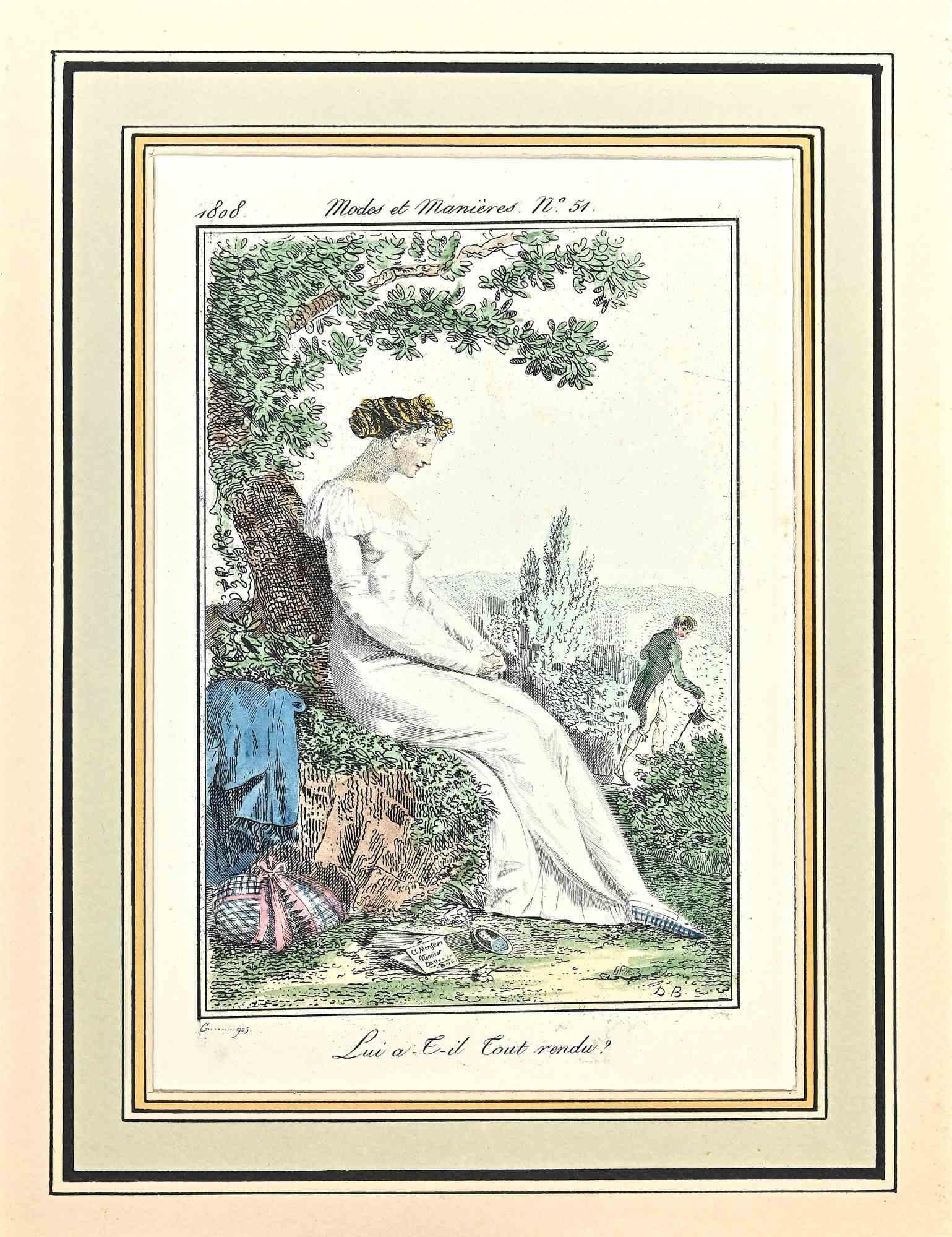 Lui A-T-Il Tout Vendu? is an Original Etching Hand Watercolored series "Costumes Parisiens" published in 1797 by the Journald des Dames et des Modes".

Costume Parisien - Model n. 51 is an original watercolored print realized in 1797. 

The artwork