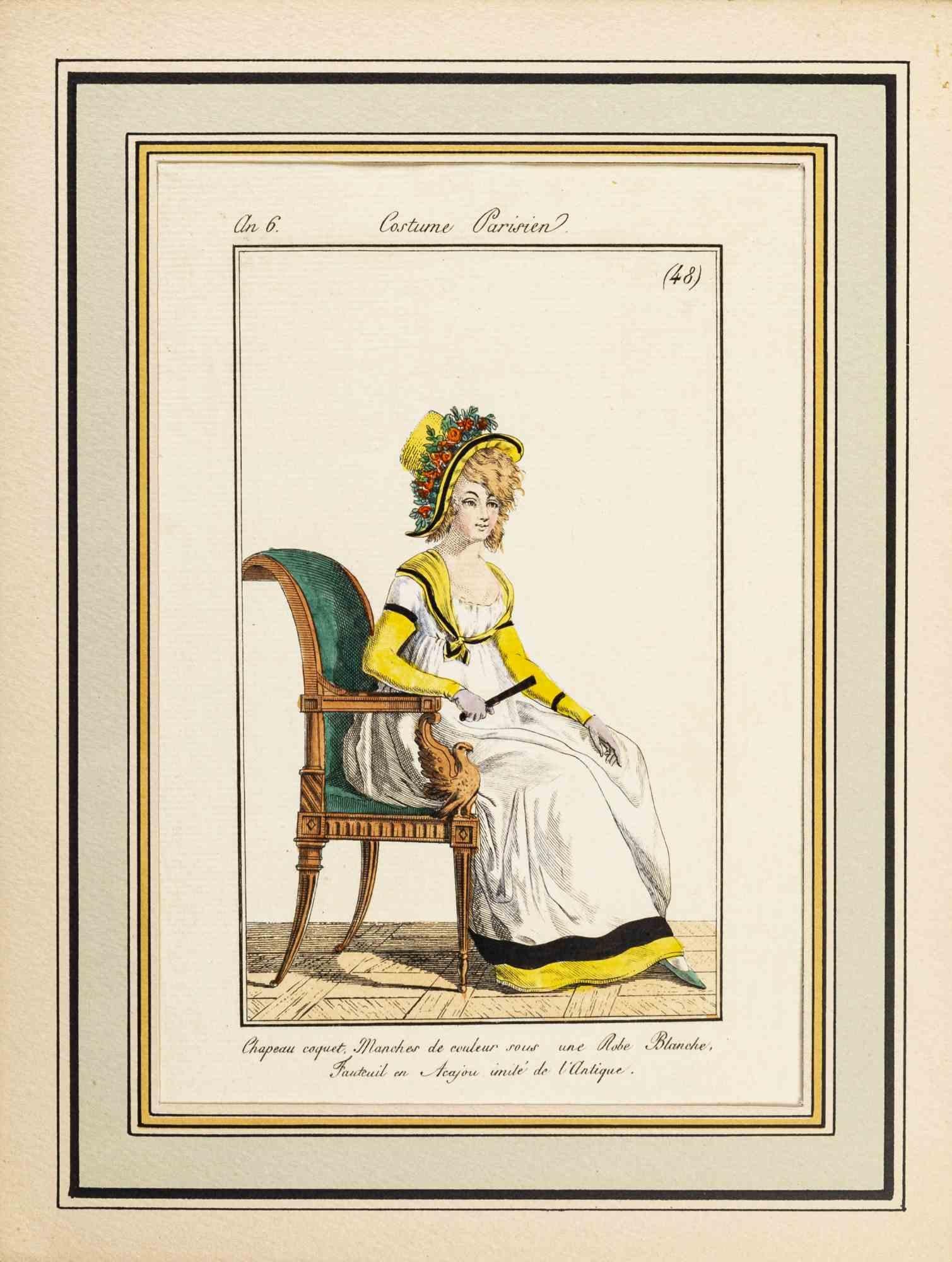 Chapeau Coquet is an Original Etching Hand Watercolored series "Costumes Parisiens" published in 1797 by the Journald des Dames et des Modes".

Costume Parisien - Model n. 48 is an original watercolored print realized in 1797. 

The artwork is the