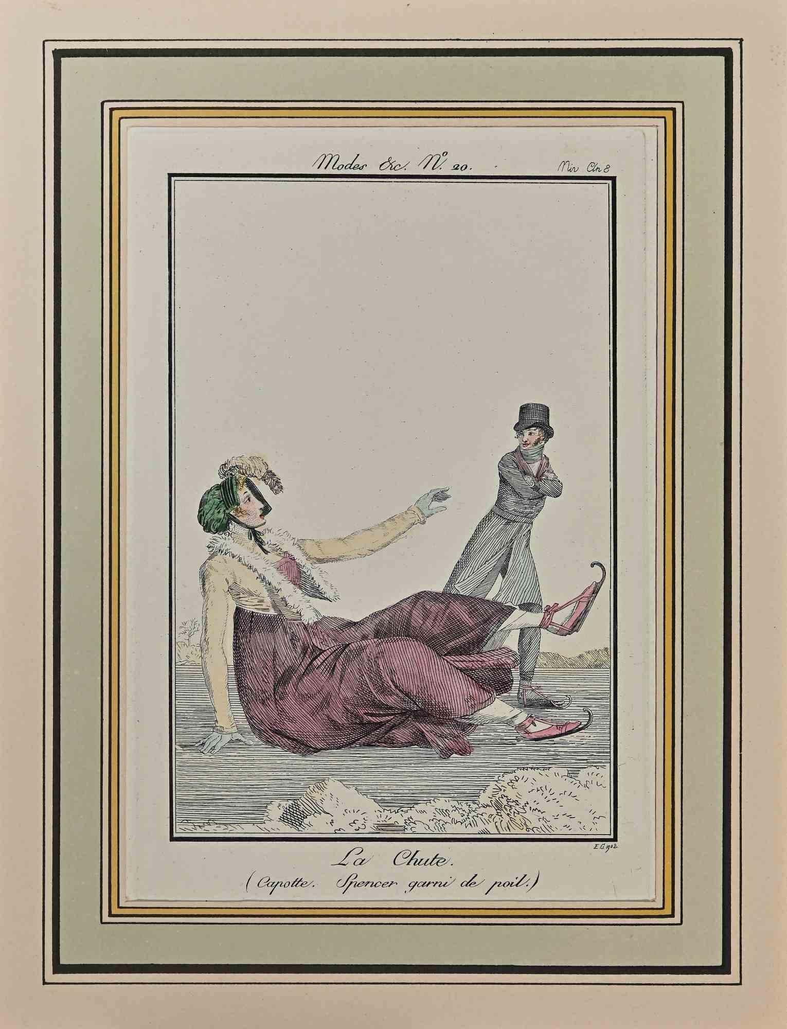 La Chute is an Original Etching Hand Watercolored series "Costumes Parisiens" published in 1797 by the Journald des Dames et des Modes".

Costume Parisien - Model n. 20 is an original watercolored print realized in 1797. 

The artwork is the plate
