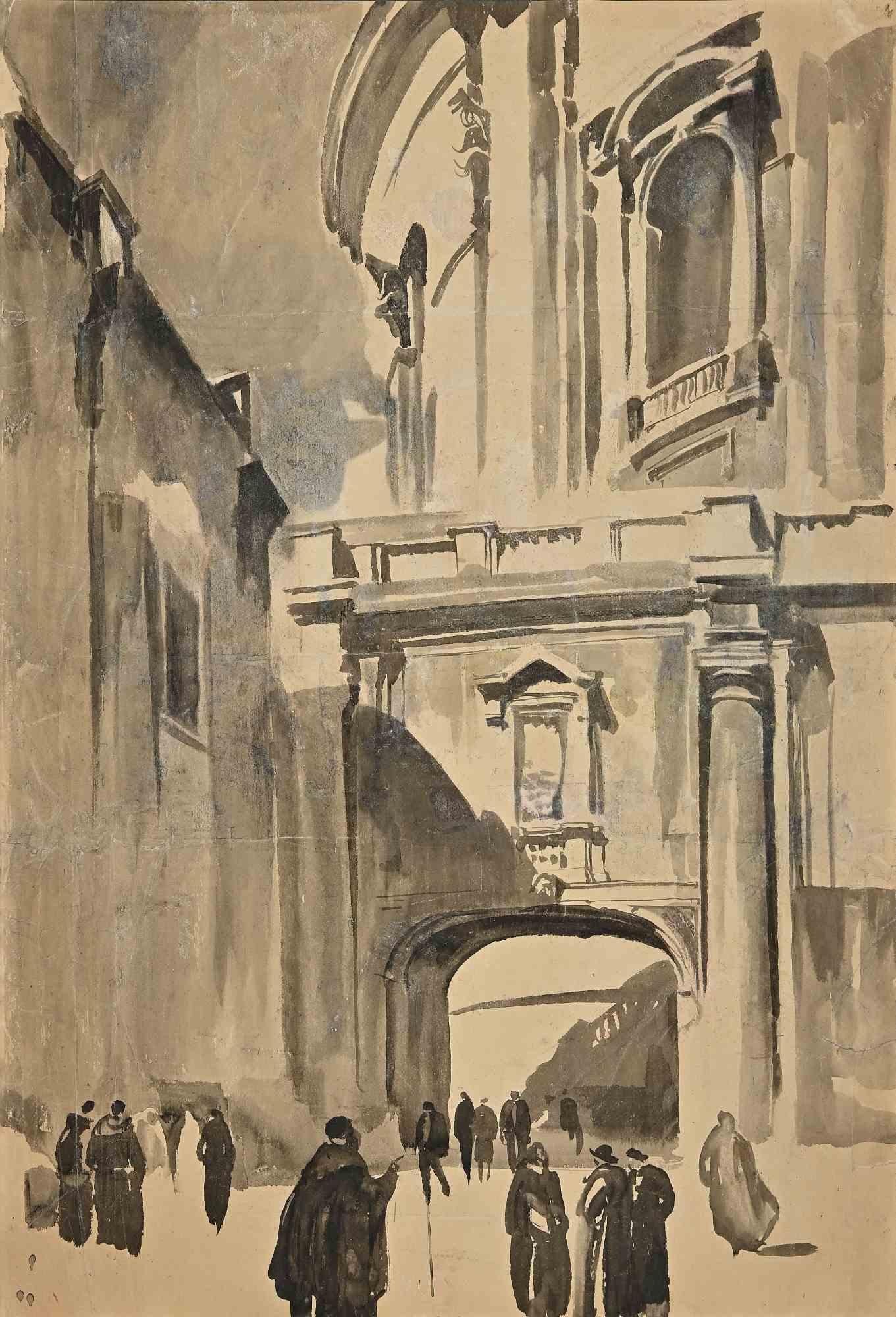 Unknown Figurative Art - Entrance of The Vatican - Original Drawing - Early 20th Century
