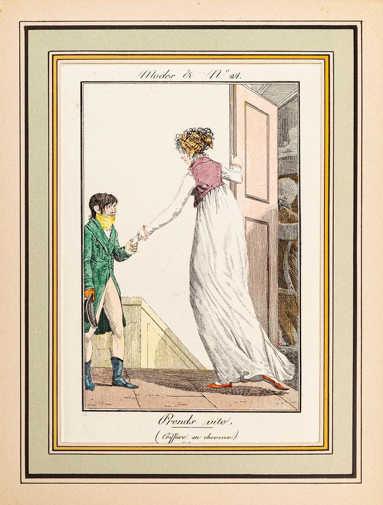 Prends Vite ist eine original aquarellierte Radierung, die im ersten Viertel des 19. Jahrhunderts von dem französischen Künstler   Philibert-Louis Debucourt    (1755 - 1832).

Das Kunstwerk ist die Platte Nr. 24 aus einer Serie von 52 Platten mit