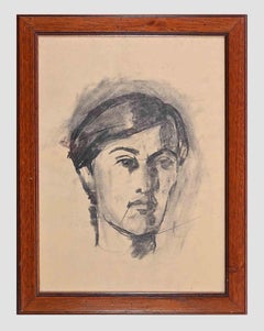 Portrait of Woman - Charcoal Drawing by D. Godycki Cwirko - 1970s