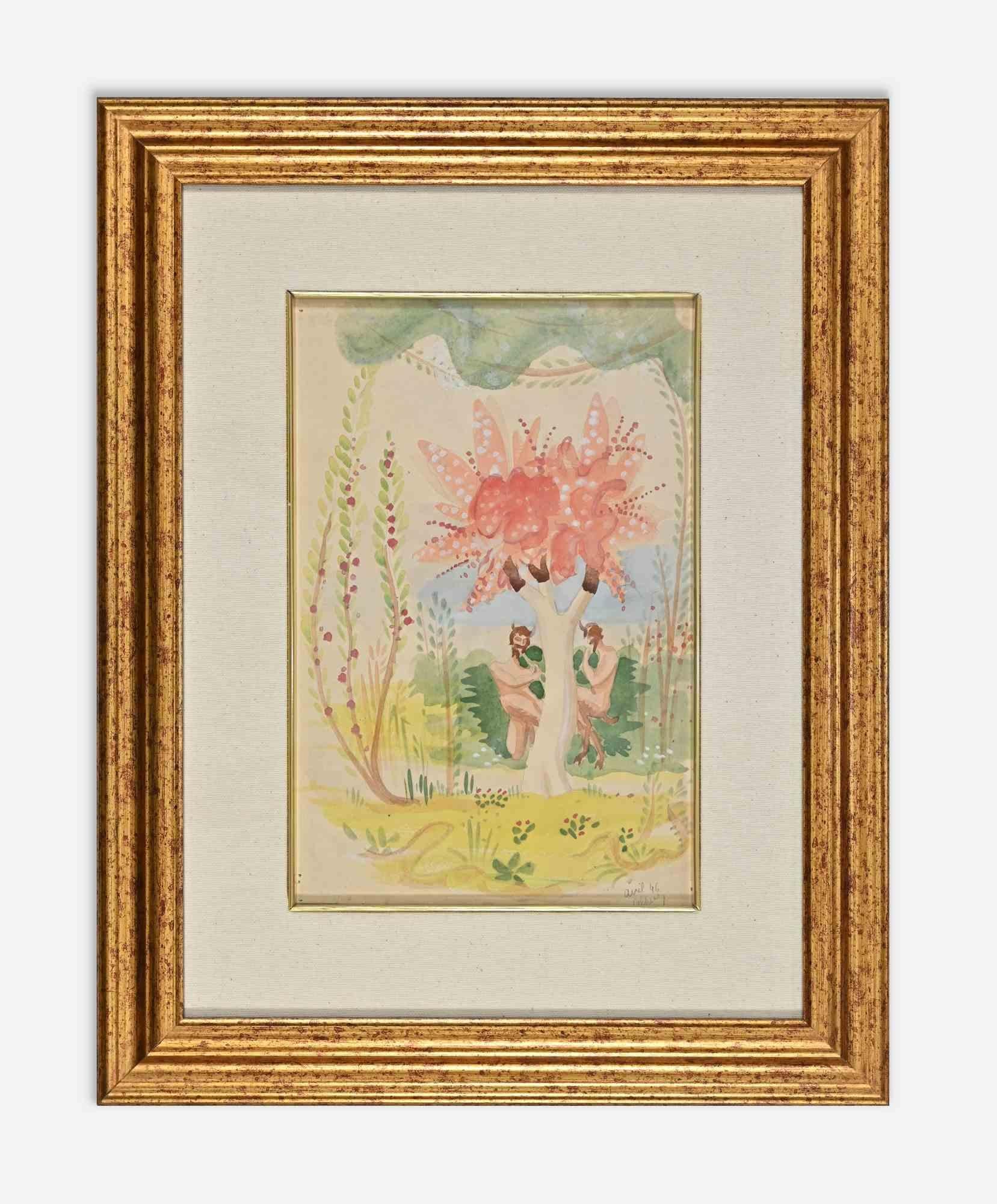 Bucolic Garden is an original drawing in watercolor on paper, realized by Jean Delpech (1916-1988) in 1946.

Hand signed and dated on the lower right margin.

Includes frame: 50 x 39.5 cm

Jean-Raymond Delpech (1988-1916) is a French painter,