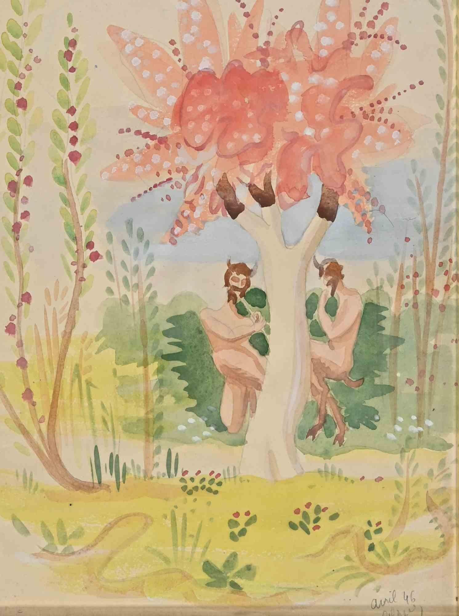 Bucolic Garden – Aquarell von Jean Delpech – 1946 im Angebot 1