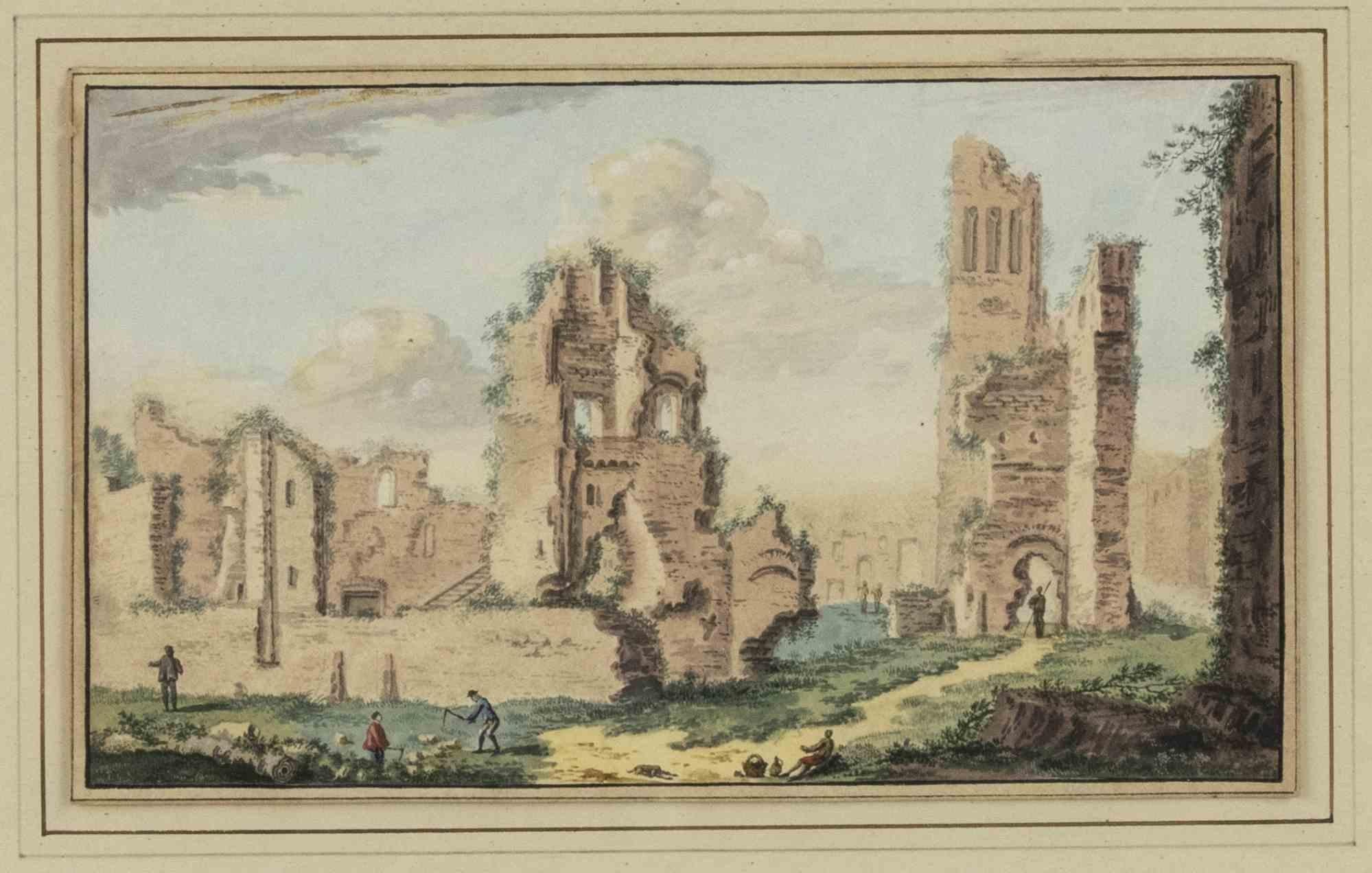 Ancient Ruins ist ein originales altmeisterliches Kunstwerk, das von Abraham Rademaker (1677-1735) im 18.

Wunderschönes Aquarell des berühmten Malers und Grafikers aus den nördlichen Niederlanden aus dem 18. Jahrhundert.

Enthält einen vergoldeten