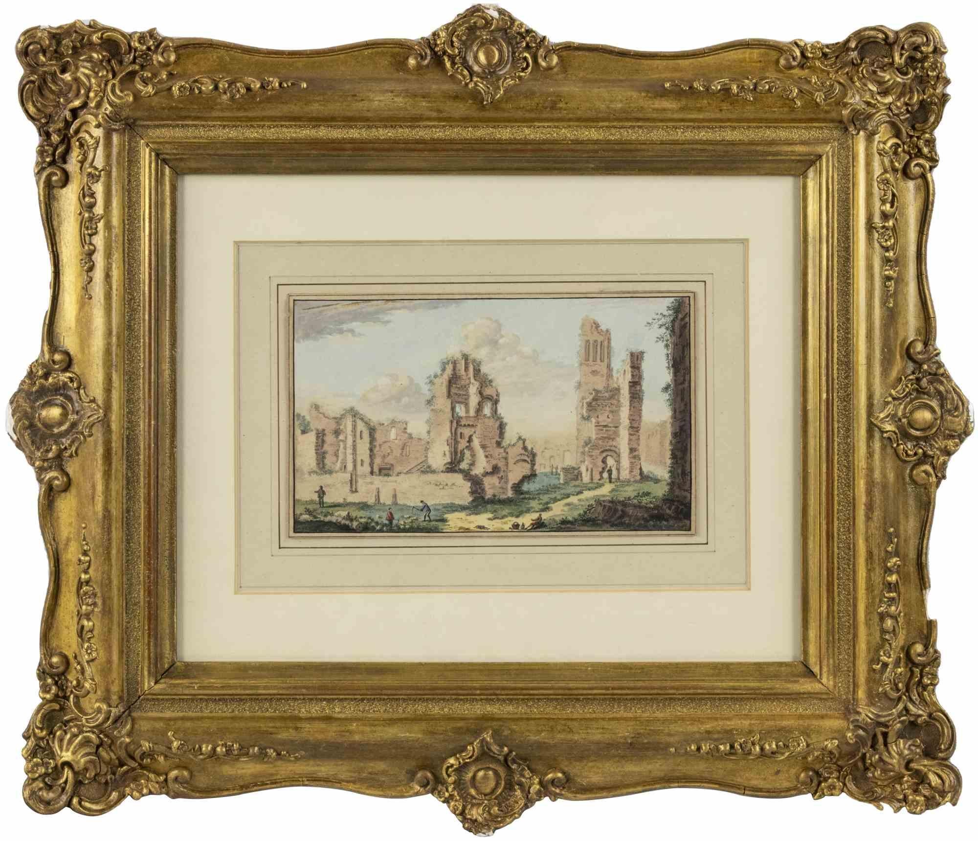 Antike Ruinen – Aquarell von Abraham Rademaker – 18. Jahrhundert im Angebot 1
