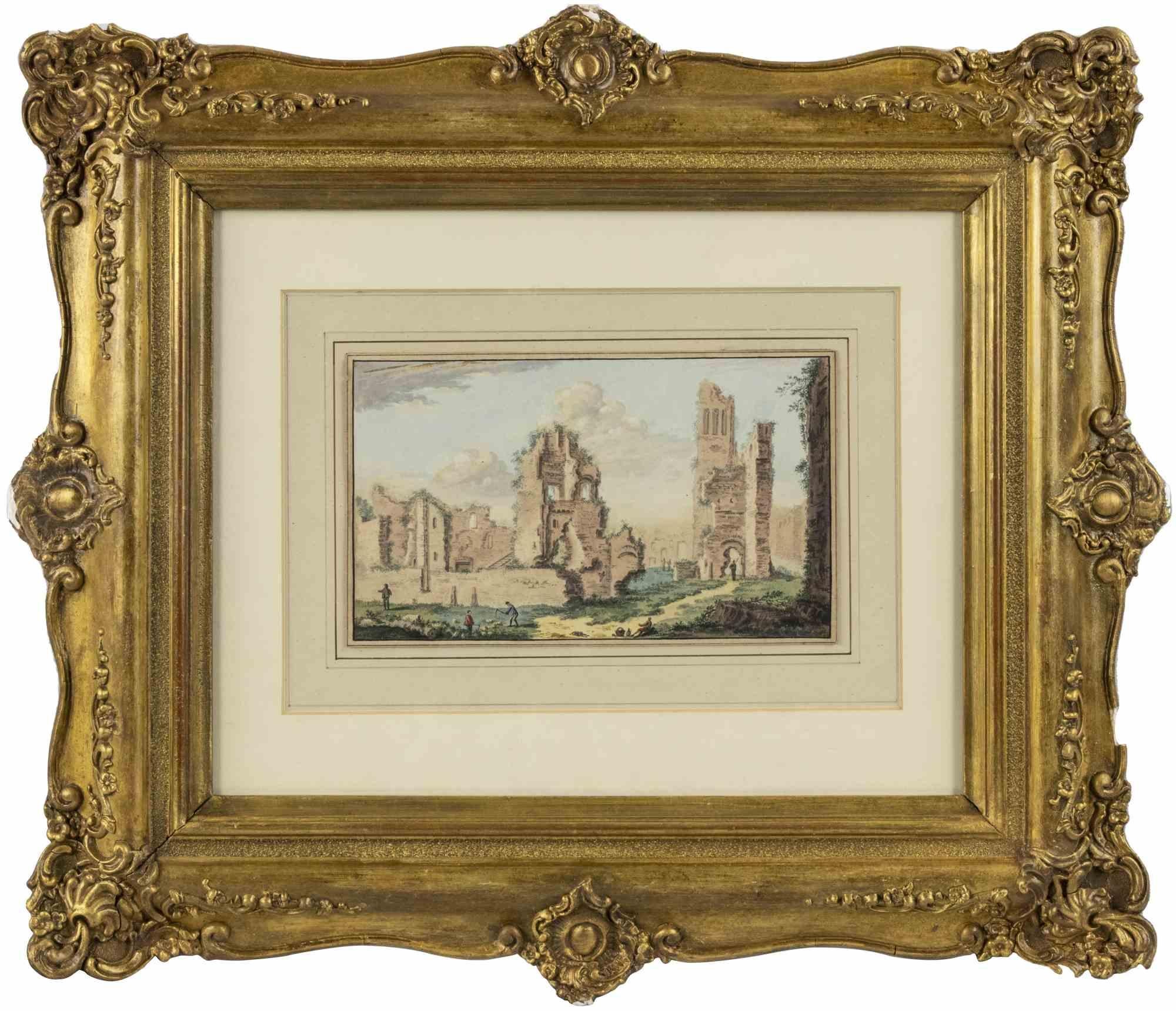 Antiche rovine - Acquerello di Abraham Rademaker - 18° secolo in vendita 1