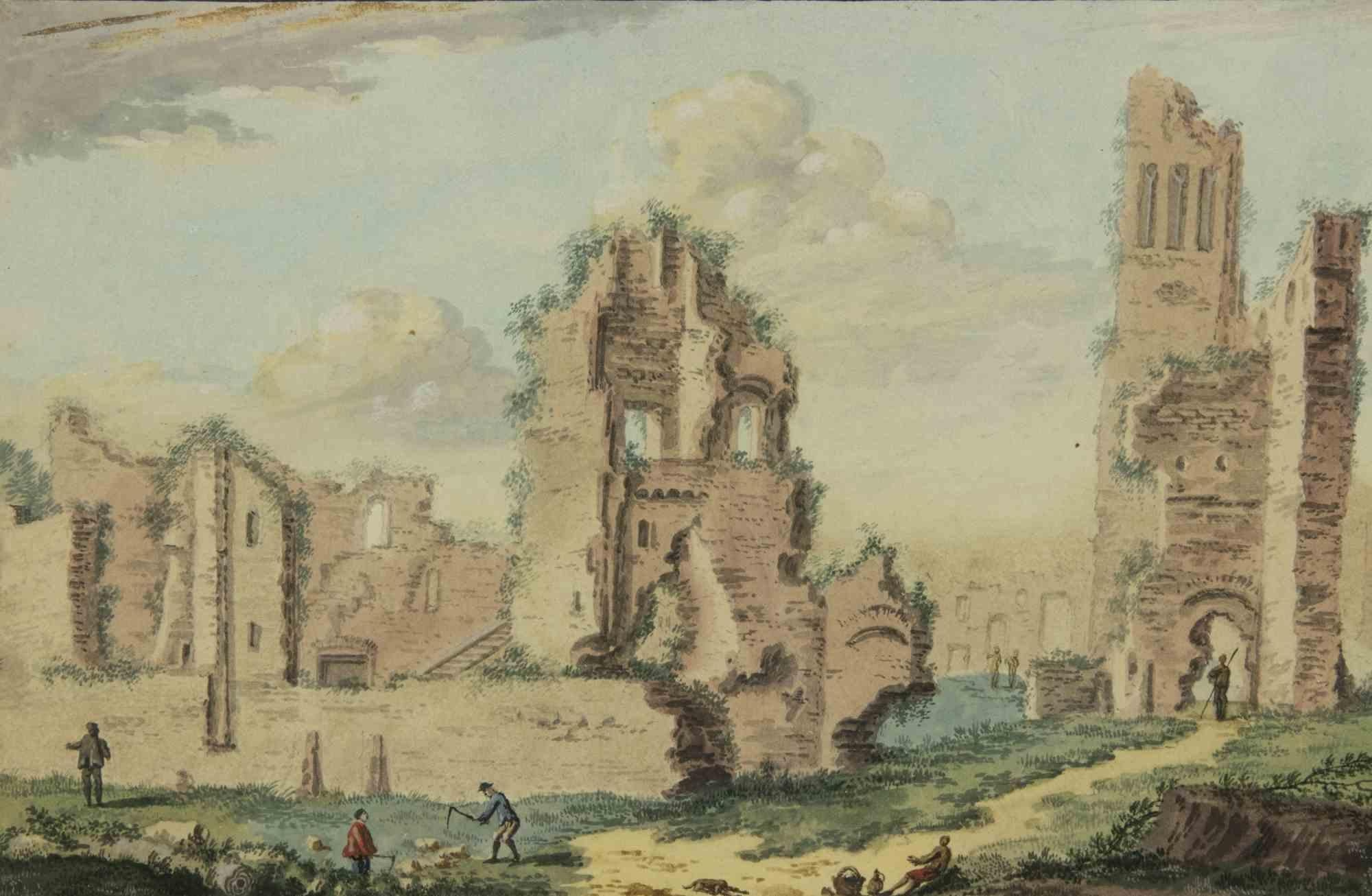 Antike Ruinen – Aquarell von Abraham Rademaker – 18. Jahrhundert im Angebot 2