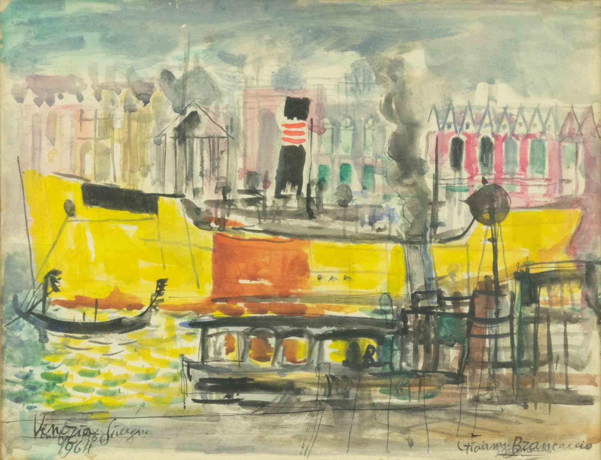 Venice is an original modern artwork realized by Giovanni Brancaccio in 1964.

Mixed colored watercolor.

Hand signed on the lower right margin.

Titled and dated on the lower left margin.

Includes frame.
