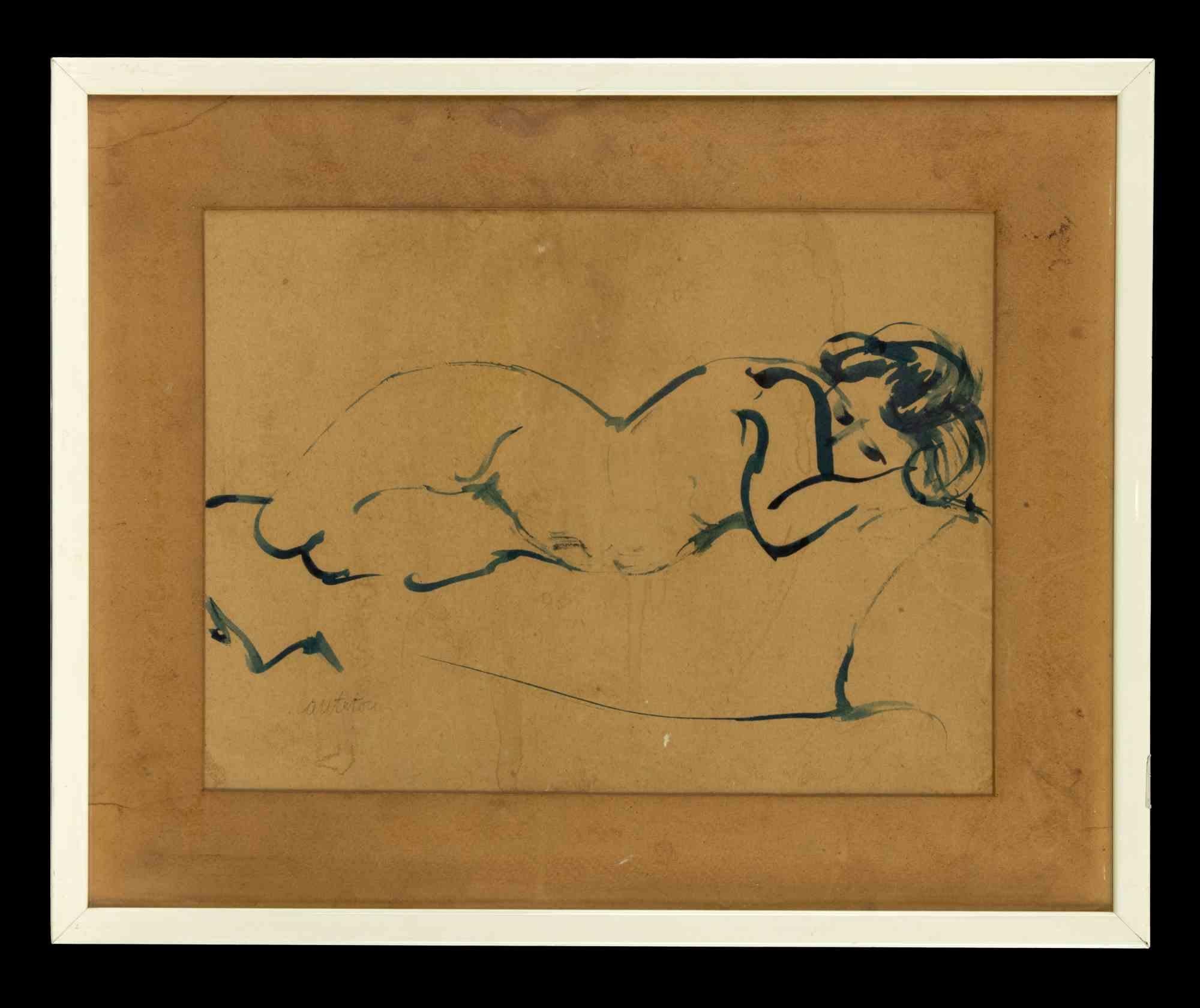 Sleeping Woman is an original modern artwork realized by Domenico Cantatore in the mid-20th Century.

Watercolor drawing of brown paper.

Hand signed on the lower margin.

Includes frame.

Domenico Cantatore (Ruvo di Puglia, 1906 - Paris, 1998),He